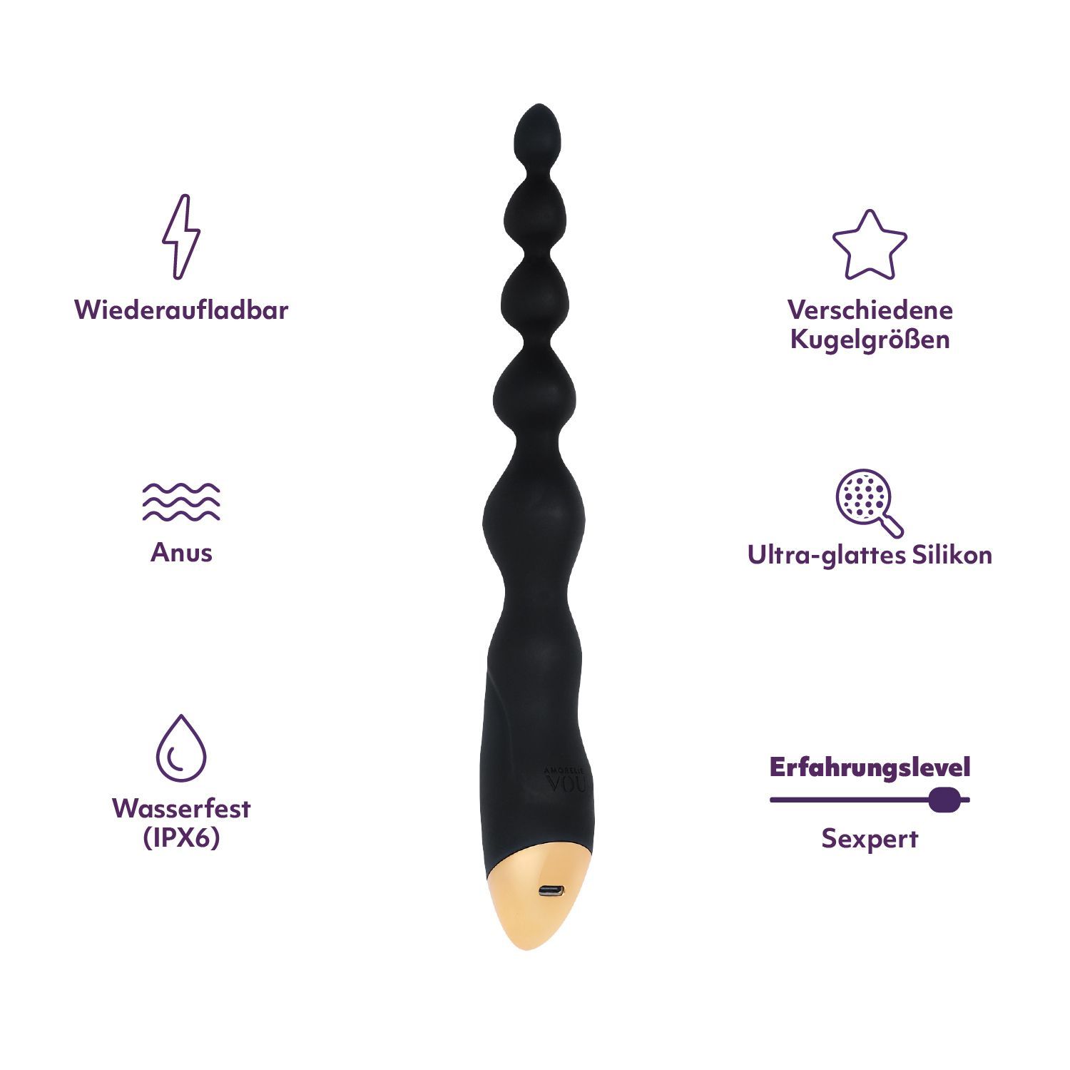 Zwarte anale ketting met verschillende kogelmaten. Tekst: Oplaadbaar, Anus, Waterdicht (IPX6), Ultra-glad siliconen, Ervaringsniveau: Sexpert.
