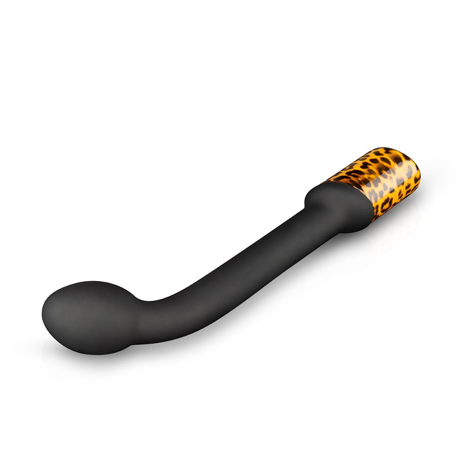 Vibrateur noir incurvé avec base à motif léopard, posé sur fond blanc.