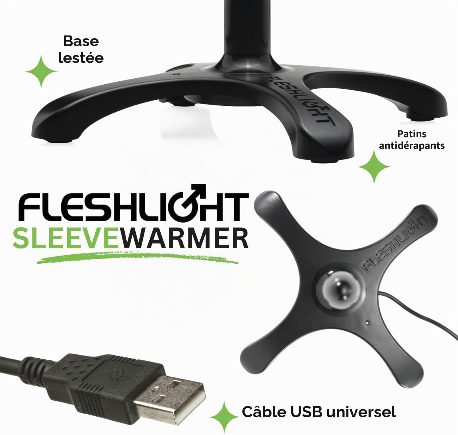 Support noir Fleshlight Sleeve Warmer avec câble USB. Montre une base lestée et des patins antidérapants.