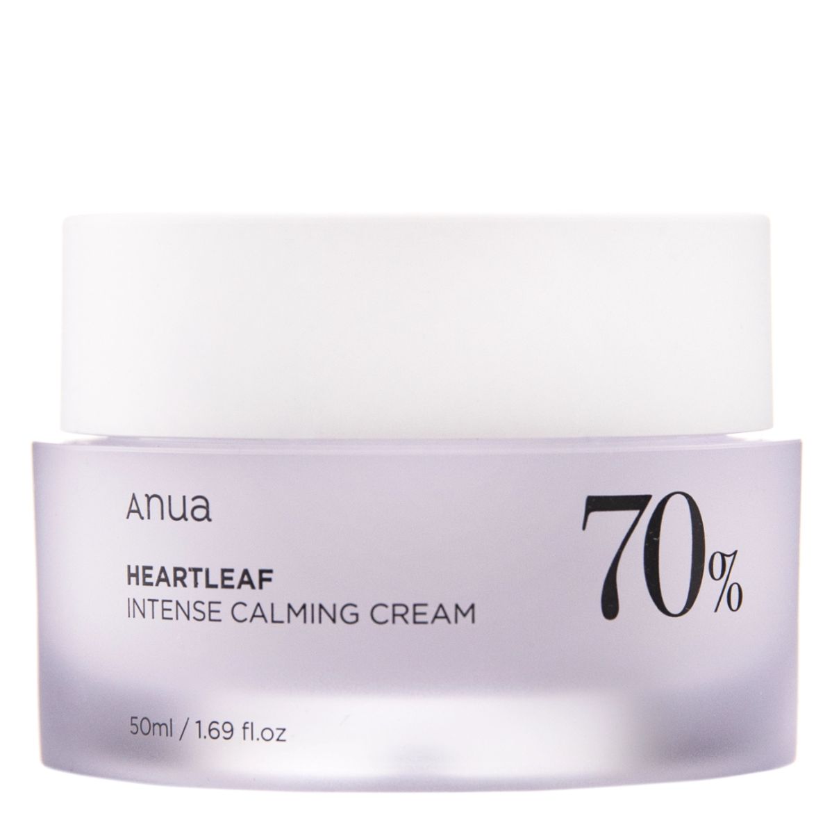Pot Anua Heartleaf 70% Intense Calming Cream met een lichte lavendelkleur.