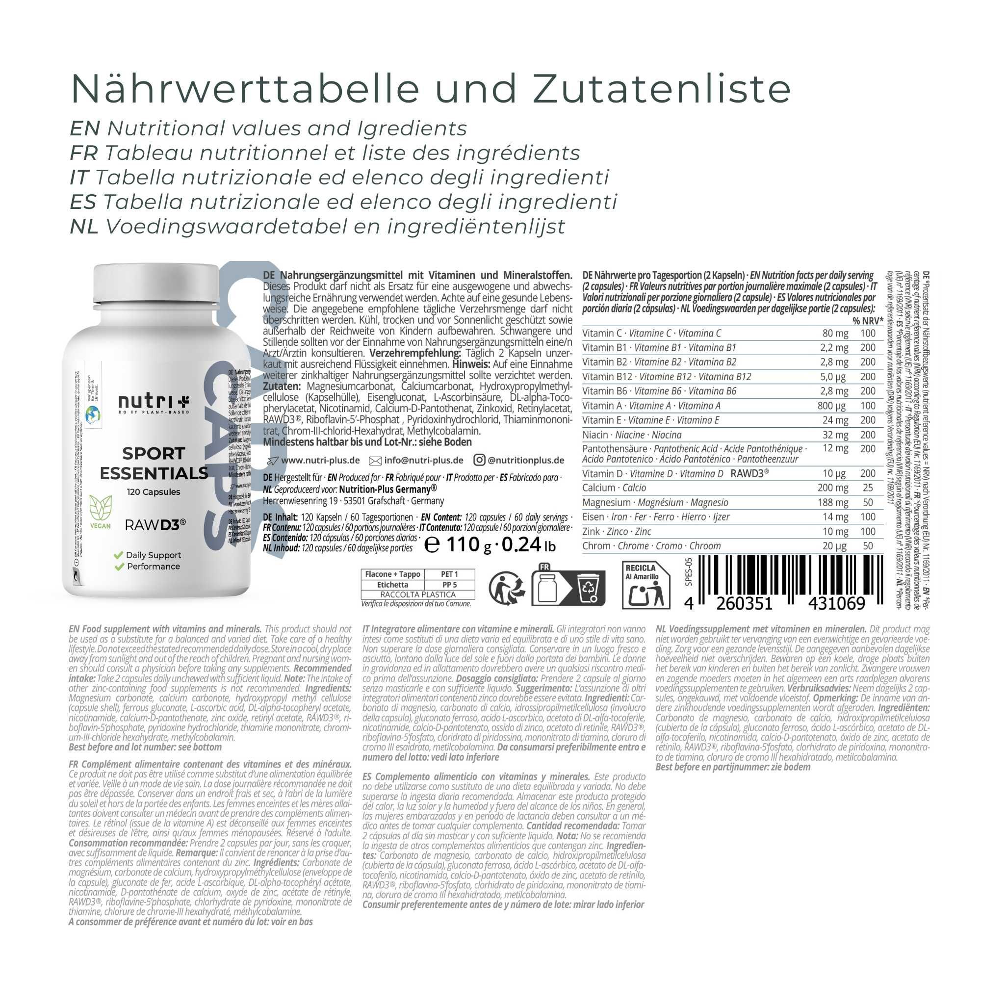 Achterkant van een fles nutri+ Sport Essentials capsules met voedingswaarde- en ingrediëntenlijst.