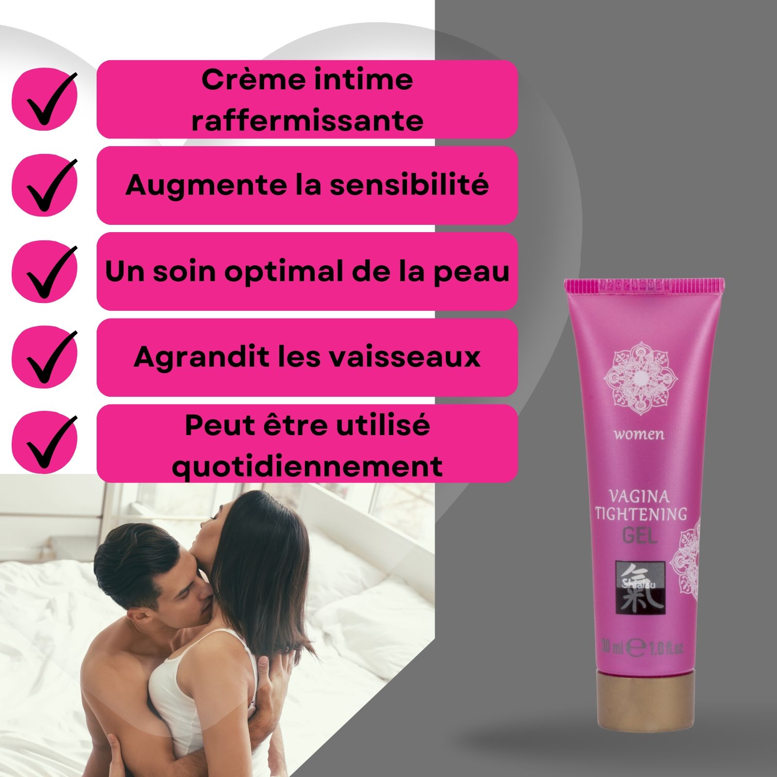 Produit et emballage. Gel Vagina Tightening. Tube rose. Texte et logo. Fond : couple.
