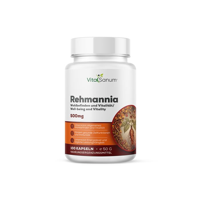 Witte fles VitaSanum®-Rehmannia. Etiket met tekst: 500mg, 100 capsules. Bevat capsules.