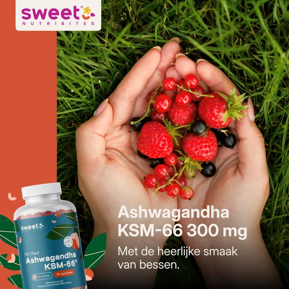 Handen houden bessen vast en een fles met 90 gummies. Tekst: Ashwagandha KSM-66, 300 mg.