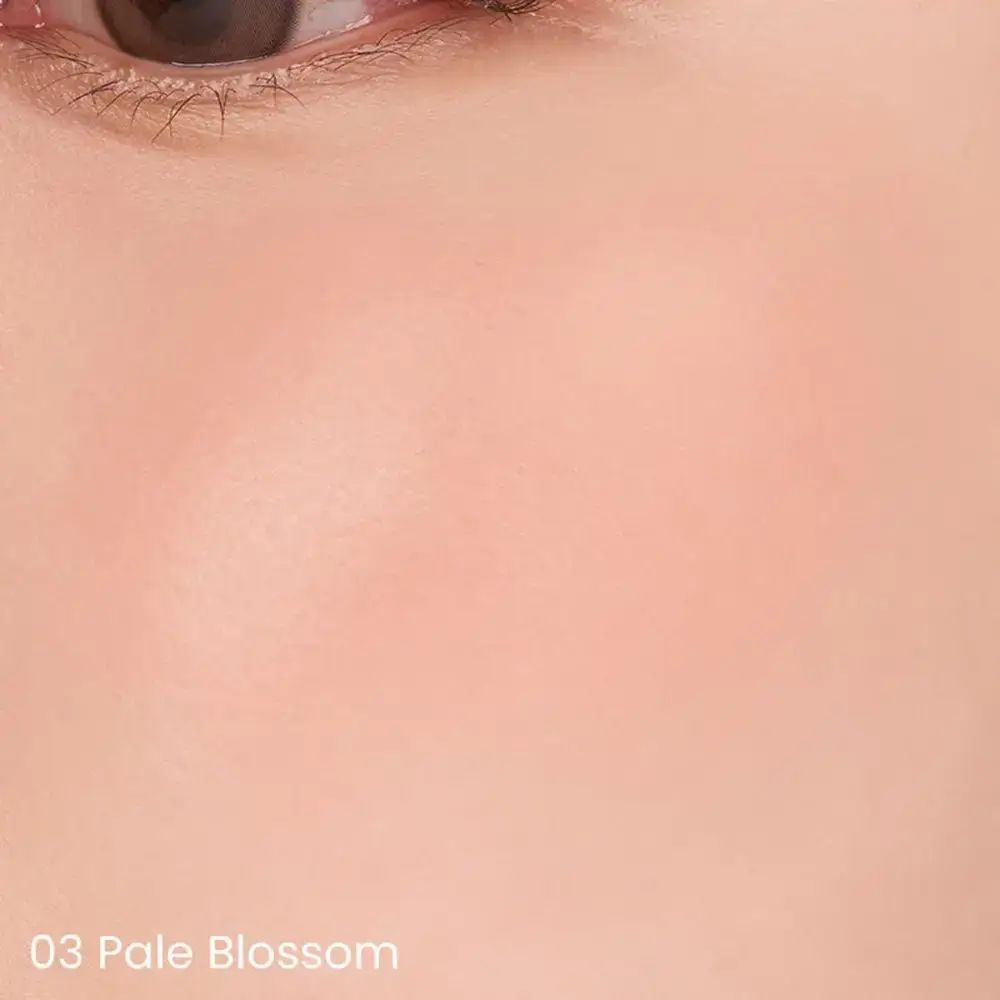 Close-up van een gezicht met blush op de wangen. De tint is lichtroze. De tekst '03 Pale Blossom' is onderaan te zien.