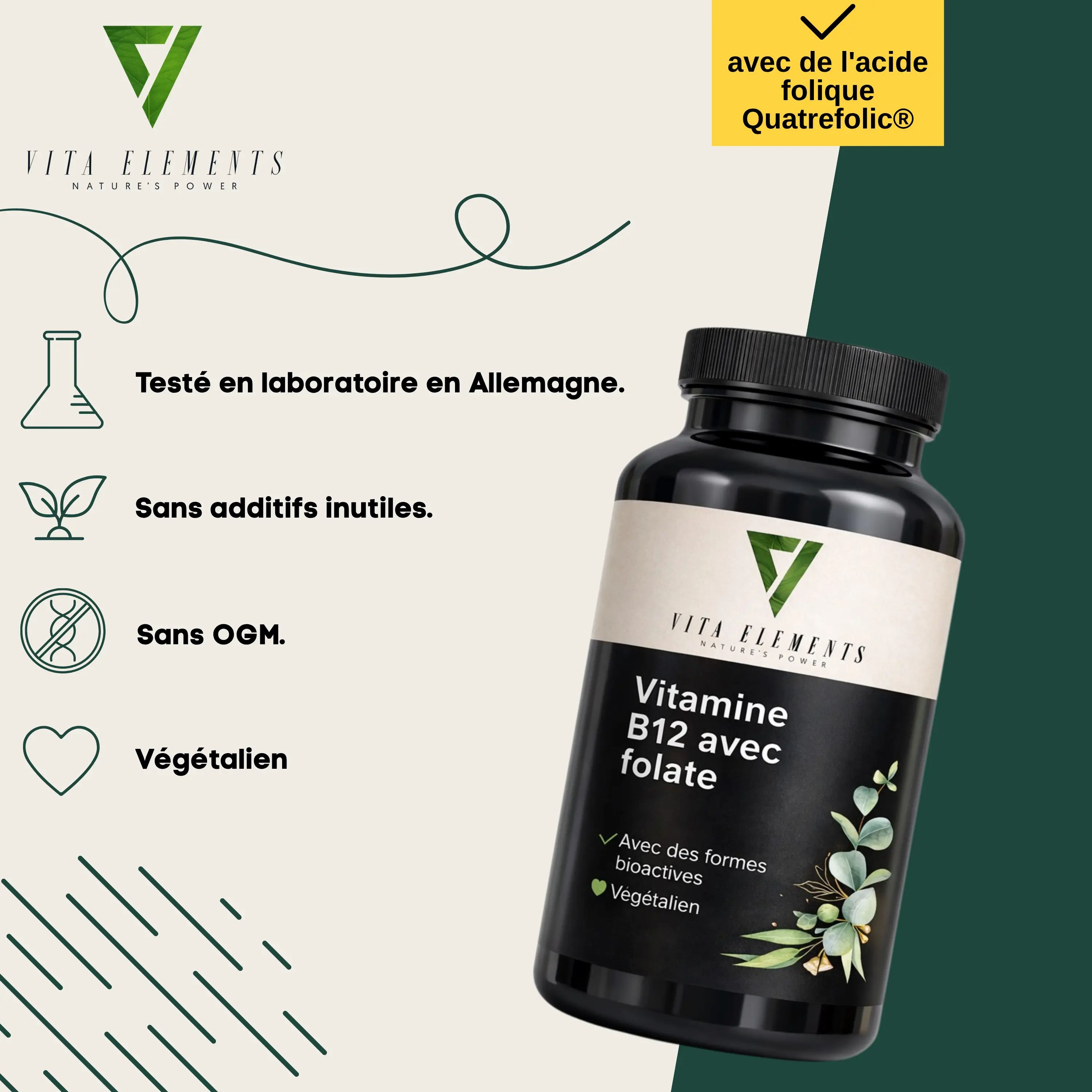Pot Vita Elements Vitamine B12 avec folate, avec icônes pour test en laboratoire en Allemagne, sans additifs, sans OGM, végétalien.