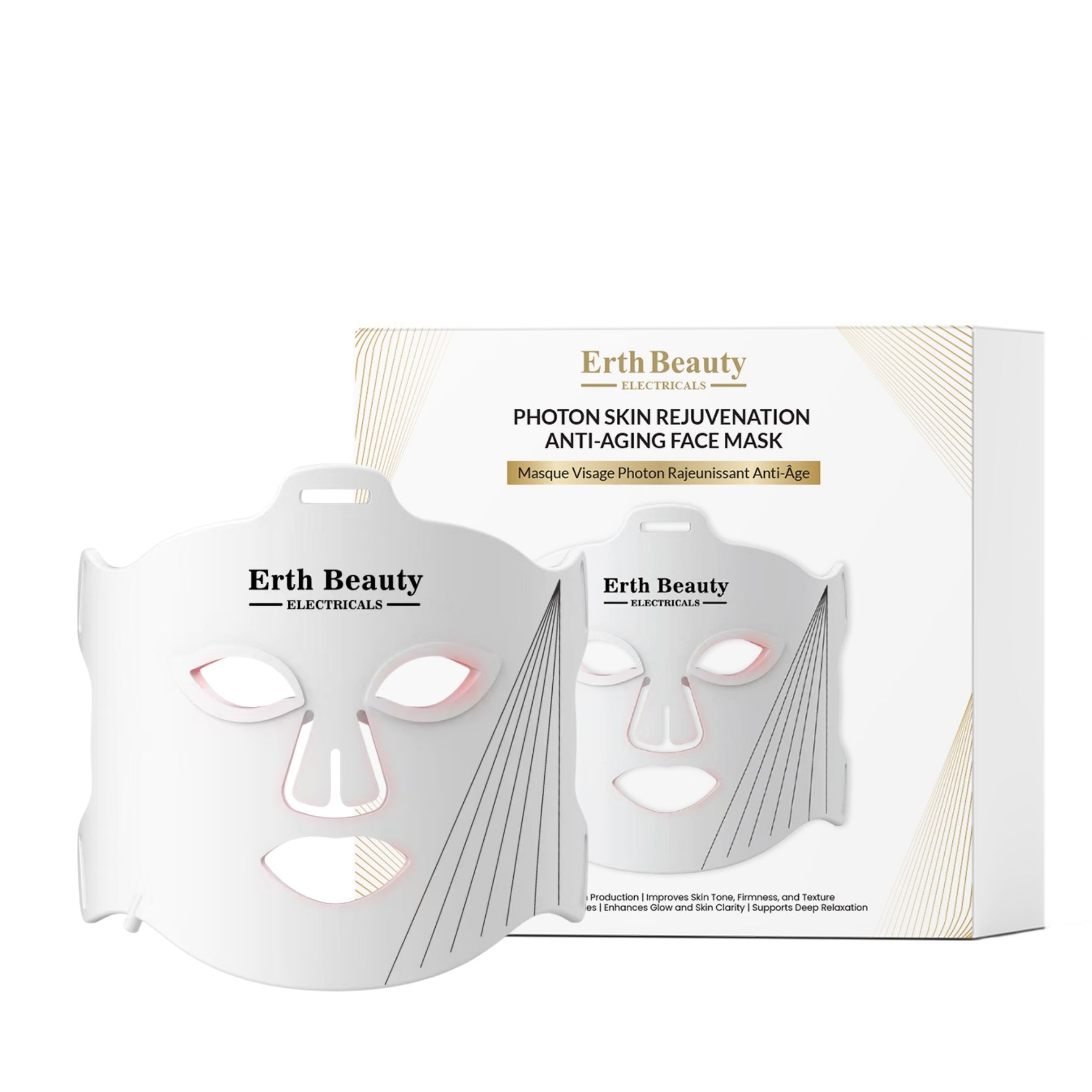 Masque facial et emballage. Erth Beauty, Photon Skin Rejuvenation Anti-Aging Face Mask. Texte en anglais et français.