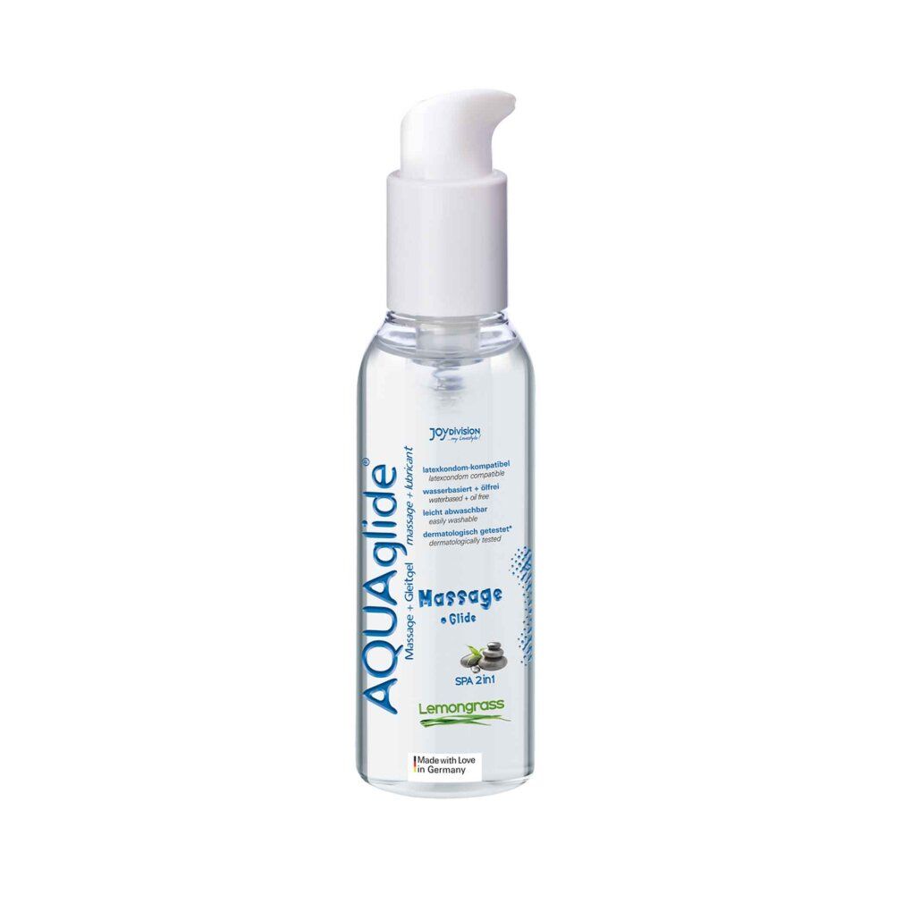 Transparante fles met witte pomp. Opschrift AQUAglide, Massage + Glide, Lemongrass. Gemaakt in Duitsland.