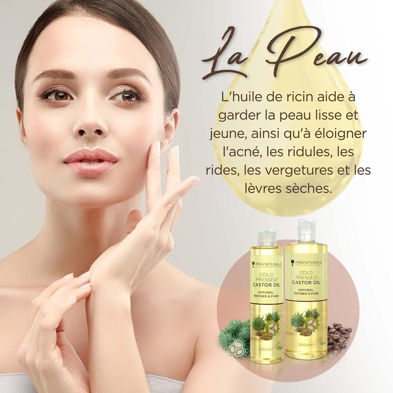 Deux bouteilles d'huile de ricin pressée à froid, naturelle, pressée et pure.