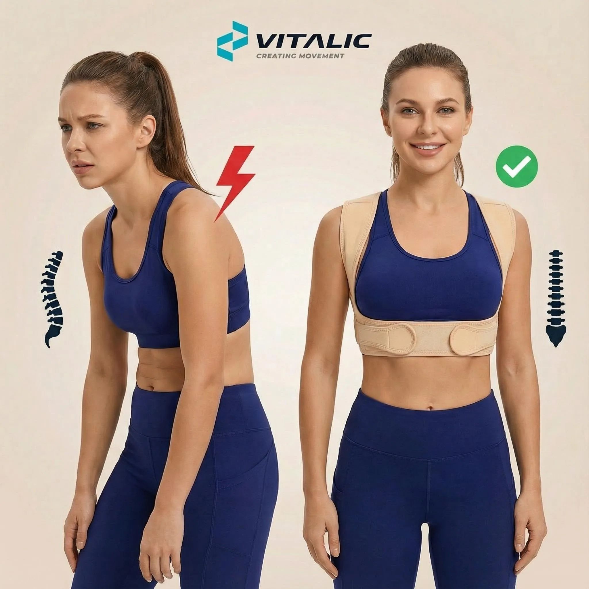Vrouw met slechte en correcte houding. Houdingscorrector. Beige. VITALIC logo. Rode bliksem- en groene vink-symbolen.