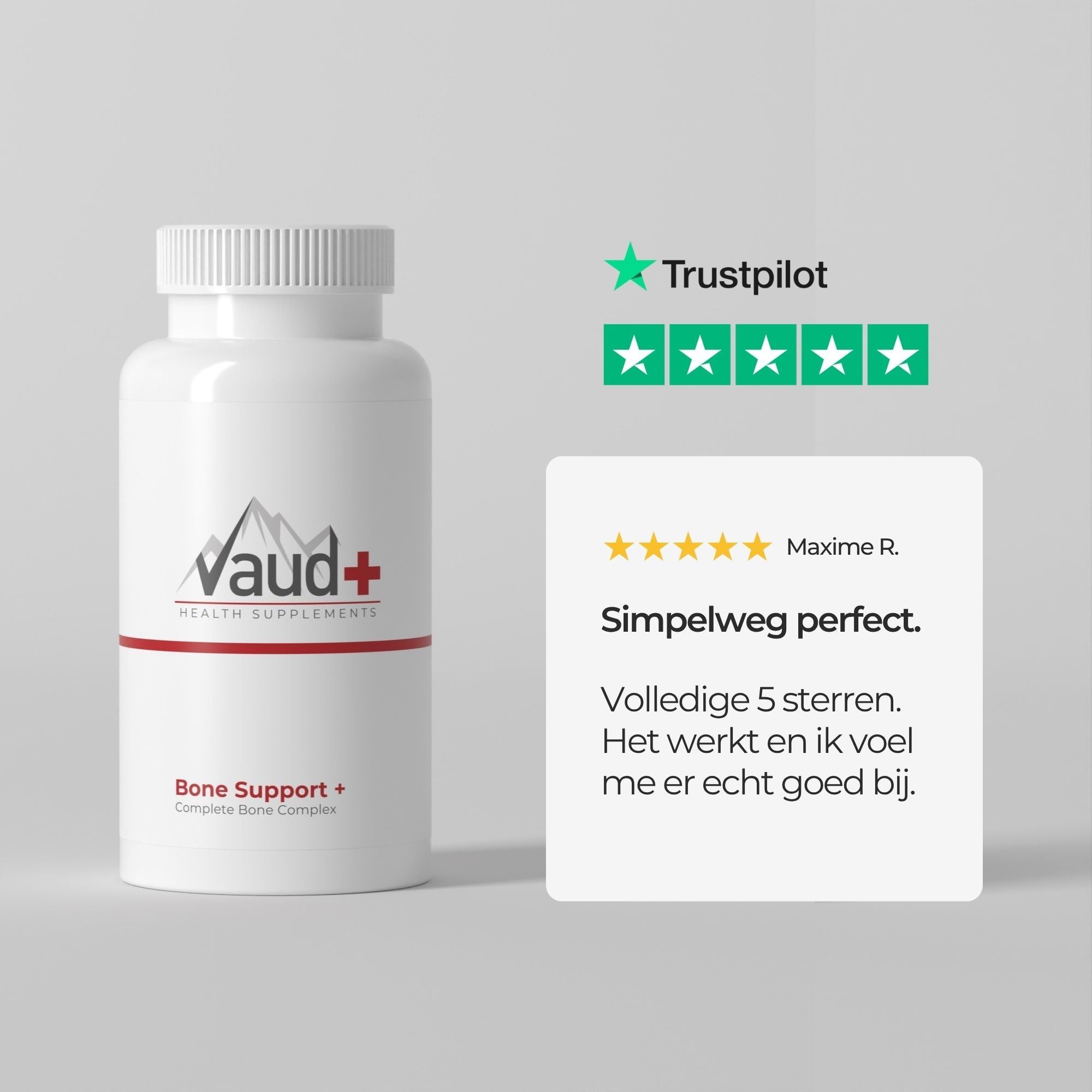 Witte fles met schroefdop. Opschrift: Vaud+, Bone Support+. Trustpilot-beoordeling met 5 sterren. Tekst.