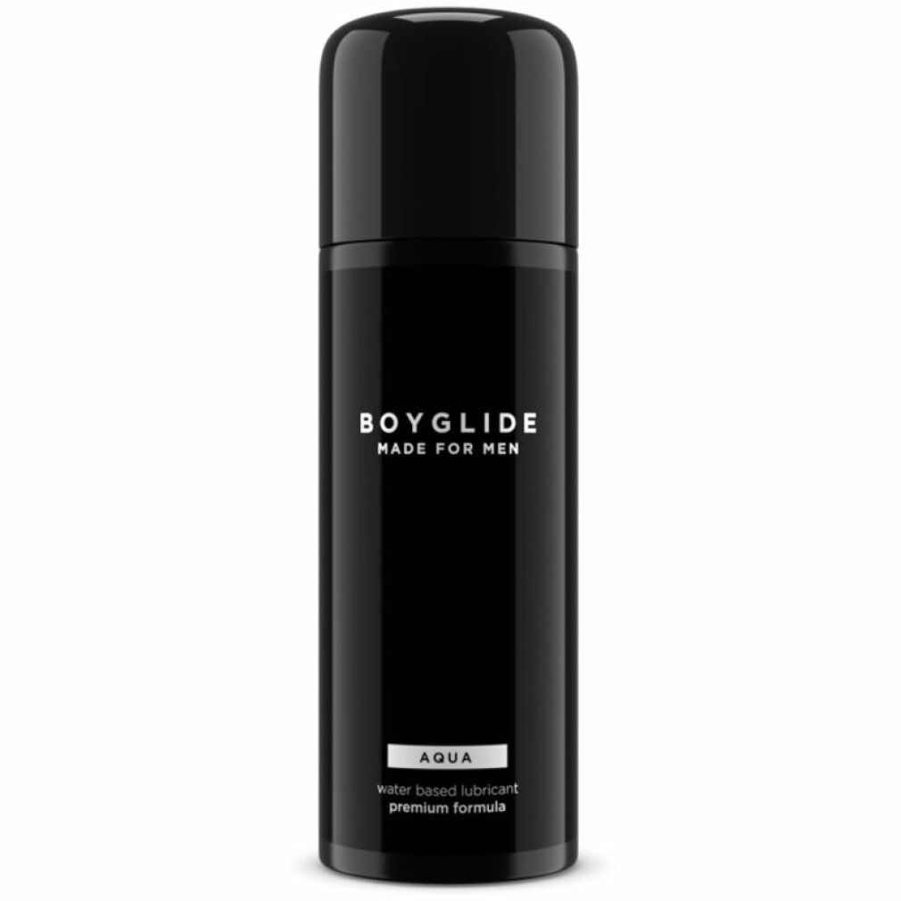 Bouteille noire avec étiquette argentée. Affiche "BOYGLIDE MADE FOR MEN AQUA water based lubricant premium formula".