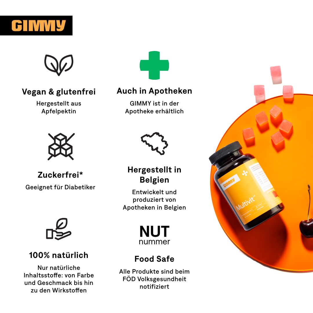 GIMMY Multivit fles en gummies. Tekst: Vegan & glutenvrij, ook in apotheken, suikervrij, gemaakt in België, 100% natuurlijk, Food Safe.