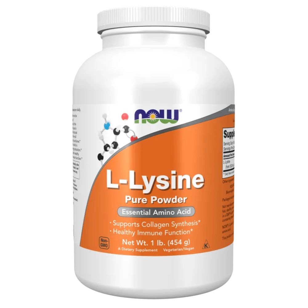 Pot blanc avec étiquette orange. Inscription: L-Lysine, poudre pure, acide aminé essentiel. Contient 454 g. Marque: NOW.