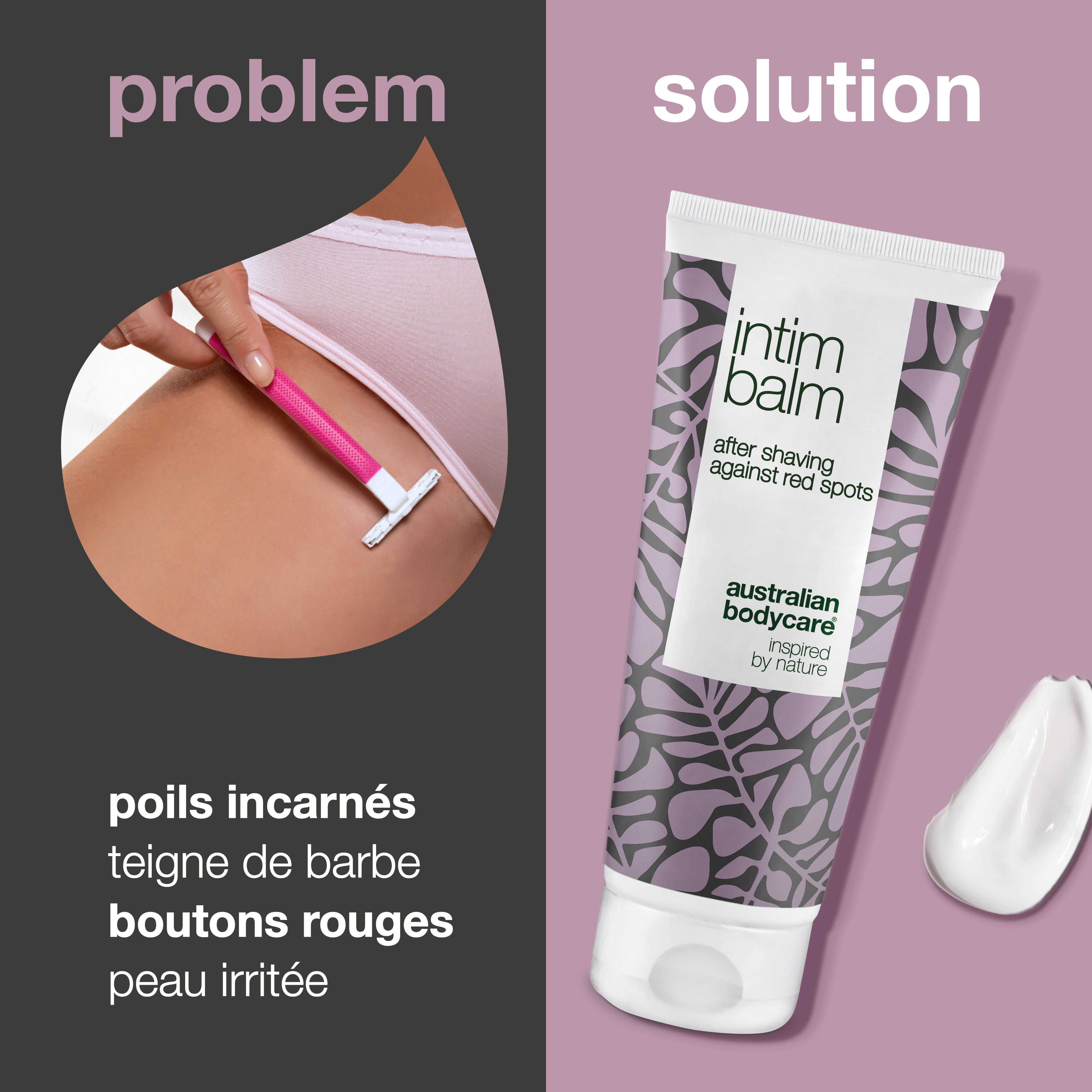 Problème/Solution. Poils incarnés, boutons rouges. Baume intime. Australian Bodycare.