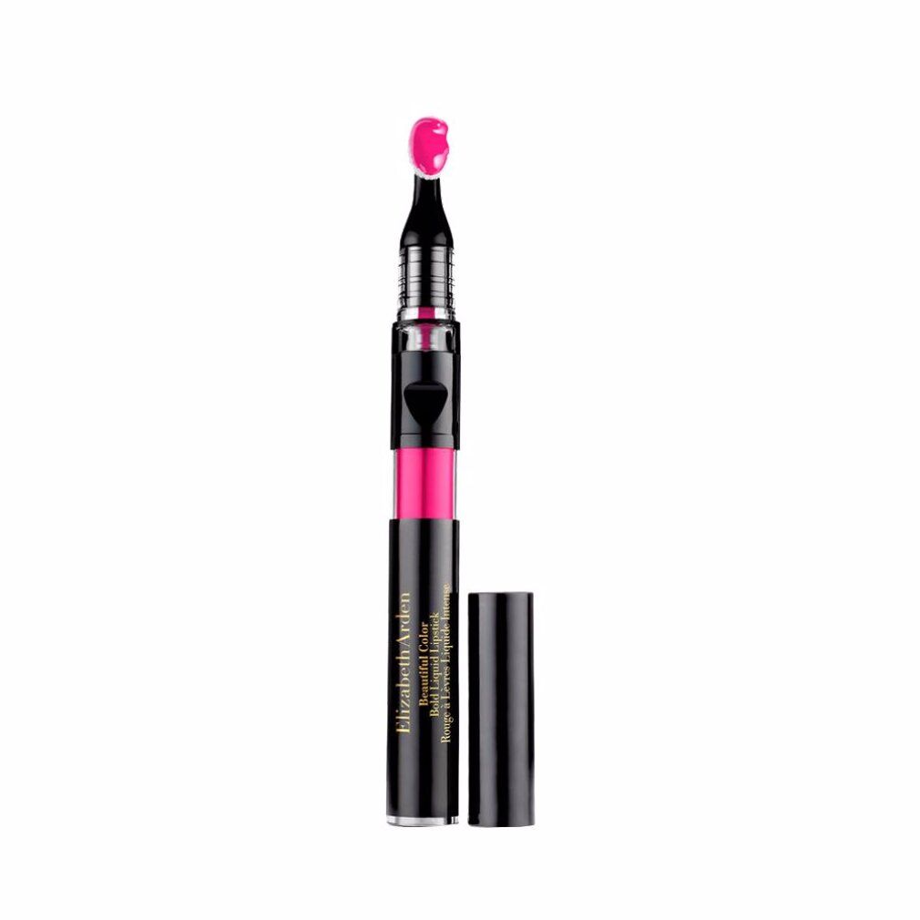Elizabeth Arden Bold Liquid Lipstick. Zwarte huls, roze lipstick, witte applicator. Product geopend.