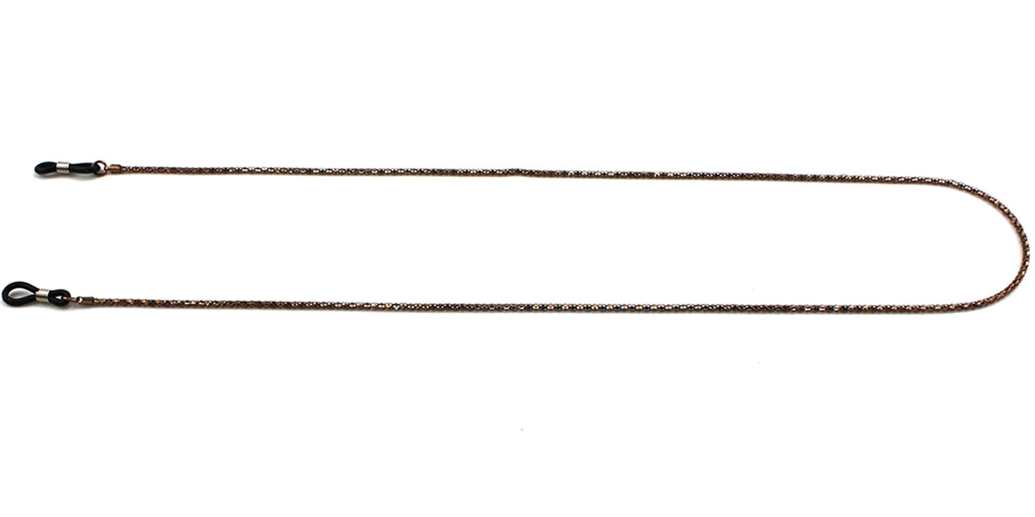 Brillenketting, bruin-beige gevlochten, met zwarte rubberen lussen. Op witte achtergrond.
