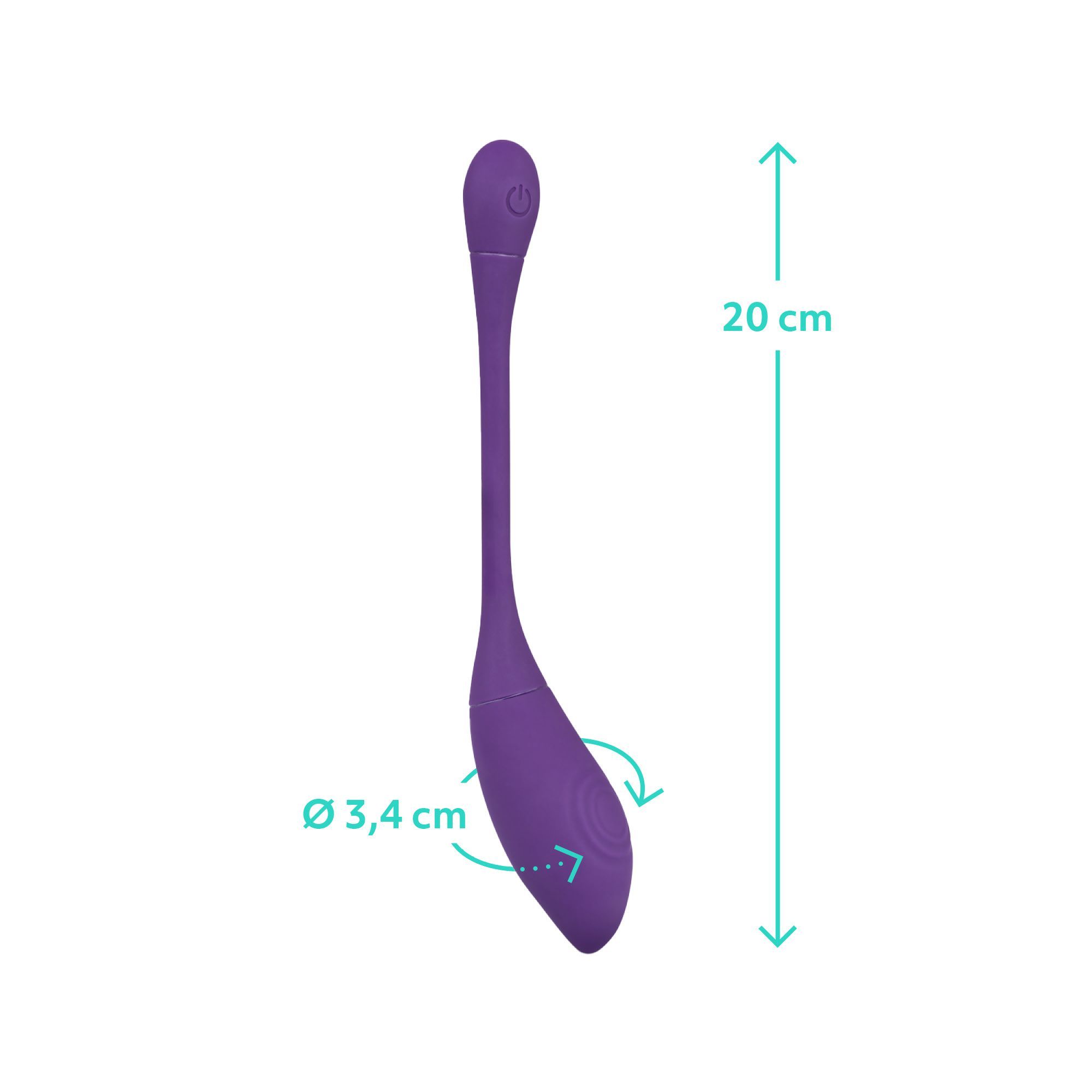 Paars wellnessproduct met langwerpige vorm. Diameter 3,4 cm, hoogte 20 cm. Pijlen tonen de afmetingen.