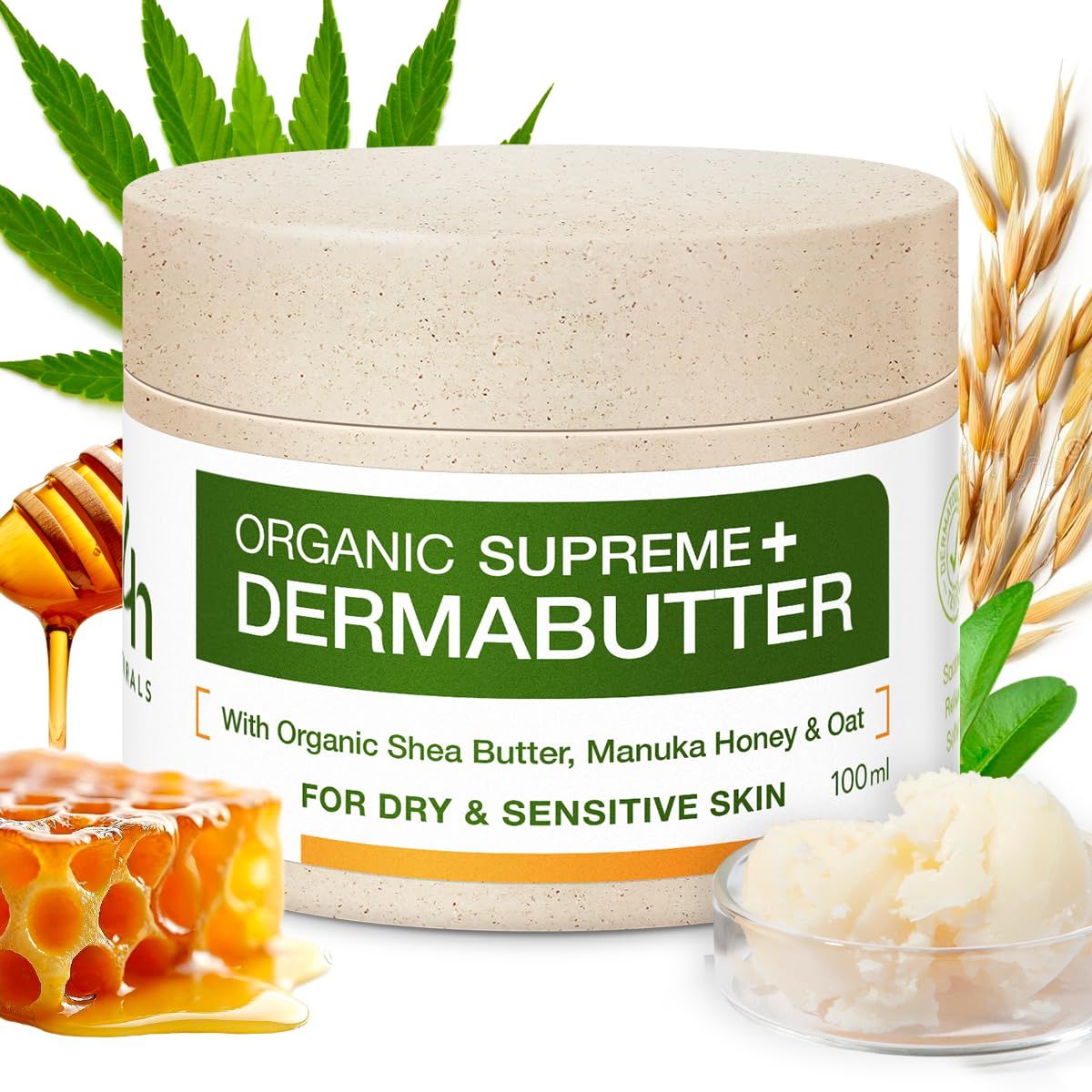 H4H Bio Dermabutter pot met Manuka honing, haver en sheabutter elementen.