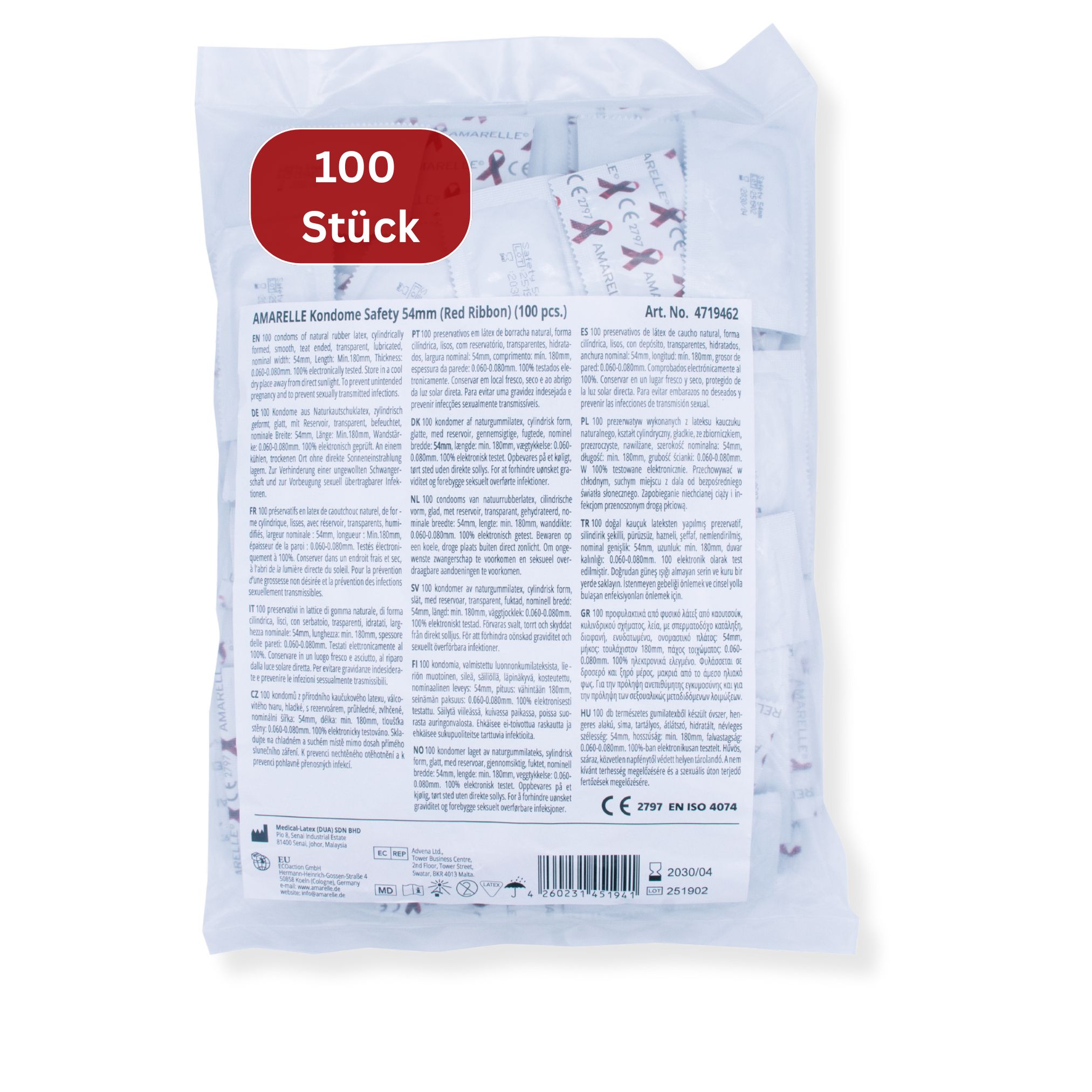 Sachet transparent de préservatifs. Dos avec texte et symboles. En haut: 100 pièces. Texte en plusieurs langues.