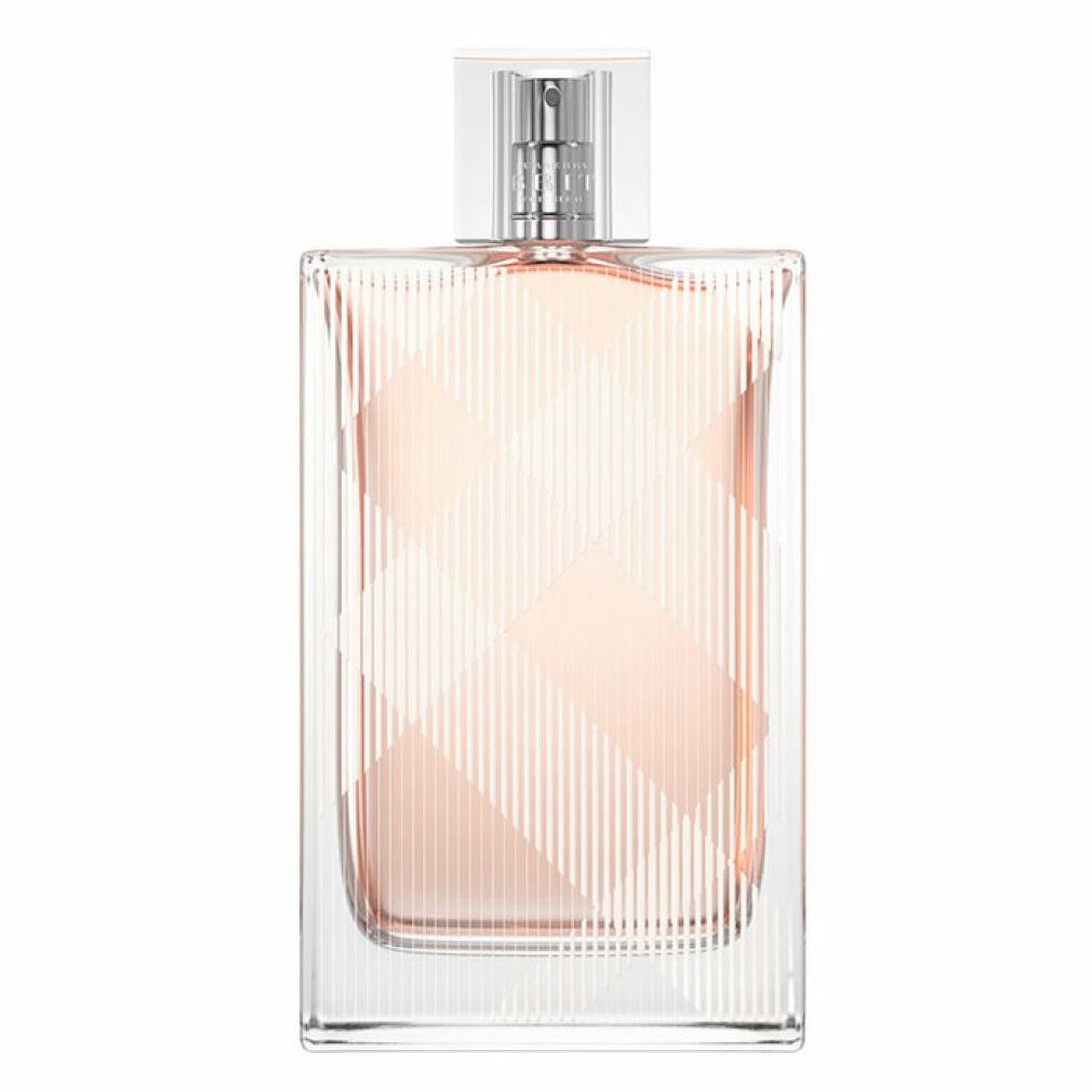 Flacon rectangulaire avec vaporisateur. Liquide rose, verre transparent. Motif à carreaux sur le devant. Bouchon en plastique transparent.