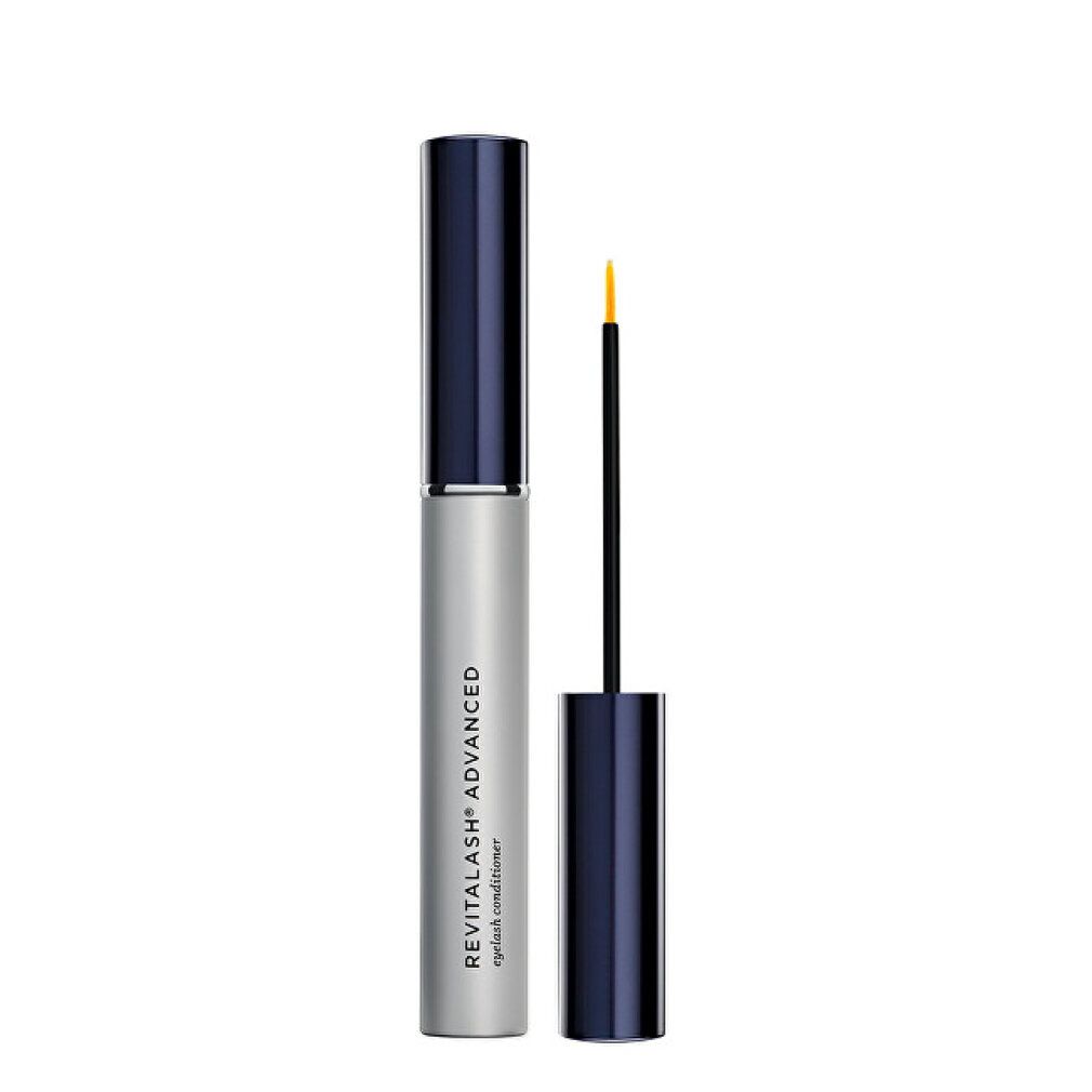 Tube argenté avec bouchon noir. Inscription: RevitaLash Advanced Eyelash Conditioner. Applicateur visible.