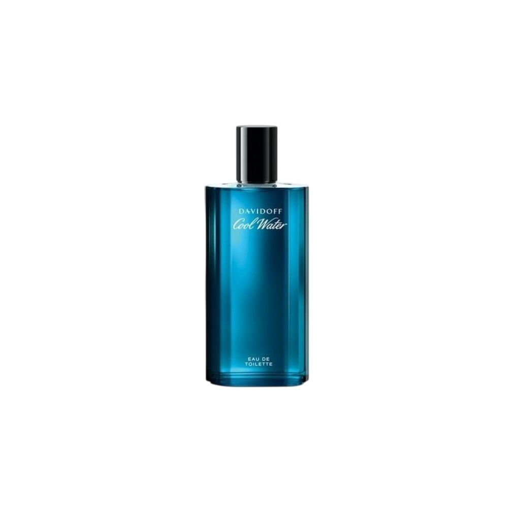 Davidoff Cool Water Eau de Toilette fles. Blauw glas, zwarte dop. Opschrift: Davidoff Cool Water, Eau de Toilette.