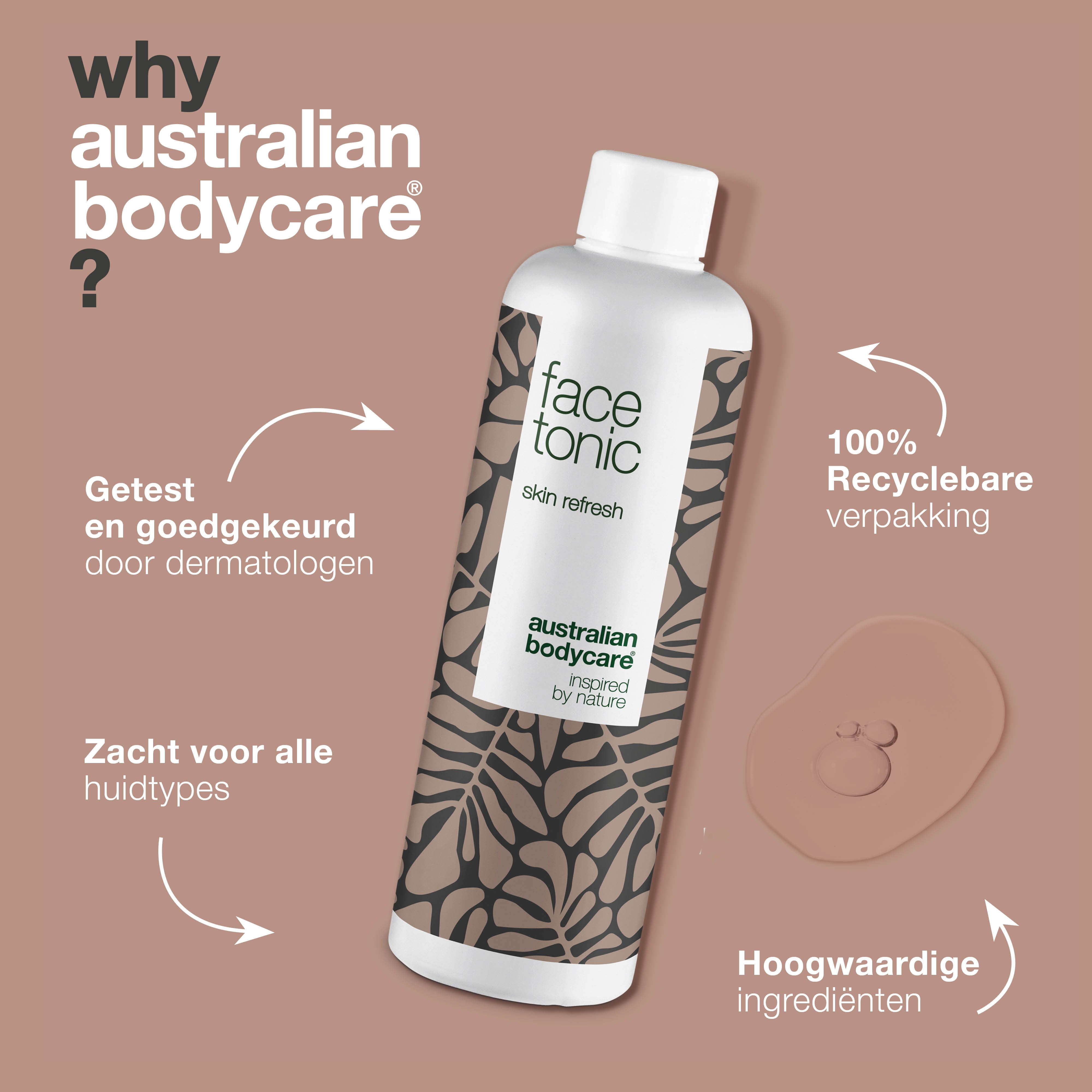 Fles "face tonic" van Australian Bodycare. Tekst: Getest door dermatologen. 100% recyclebare verpakking. Hoogwaardige ingrediënten.