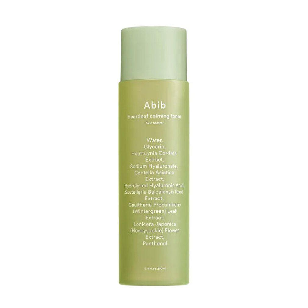 Abib Heartleaf kalmerende toner, 200ml. Groene fles met wit etiket en ingrediëntenlijst.