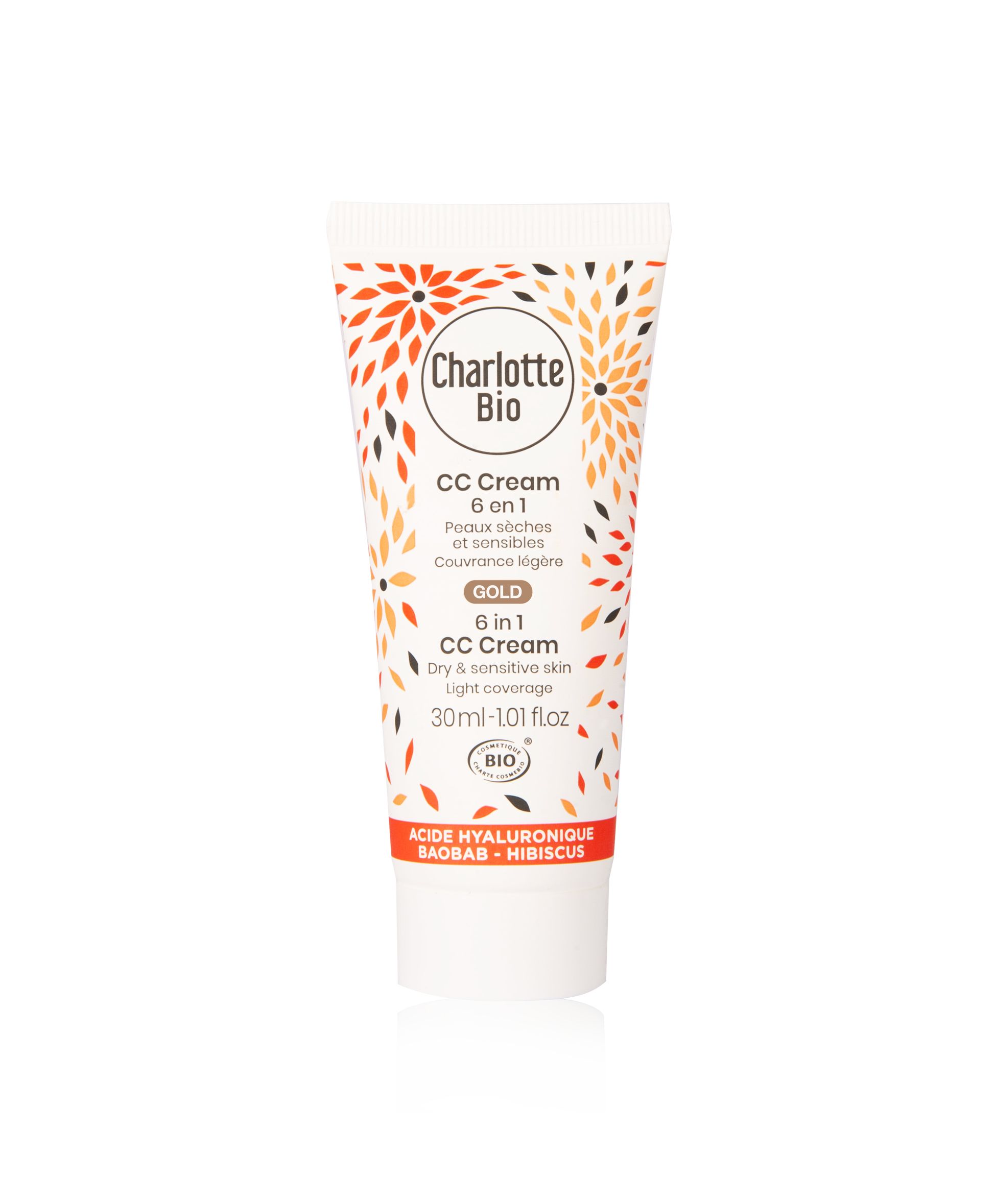 Tube de crème CC Charlotte Bio 6 en 1 pour peaux sèches. Texte doré, motif floral, label BIO.