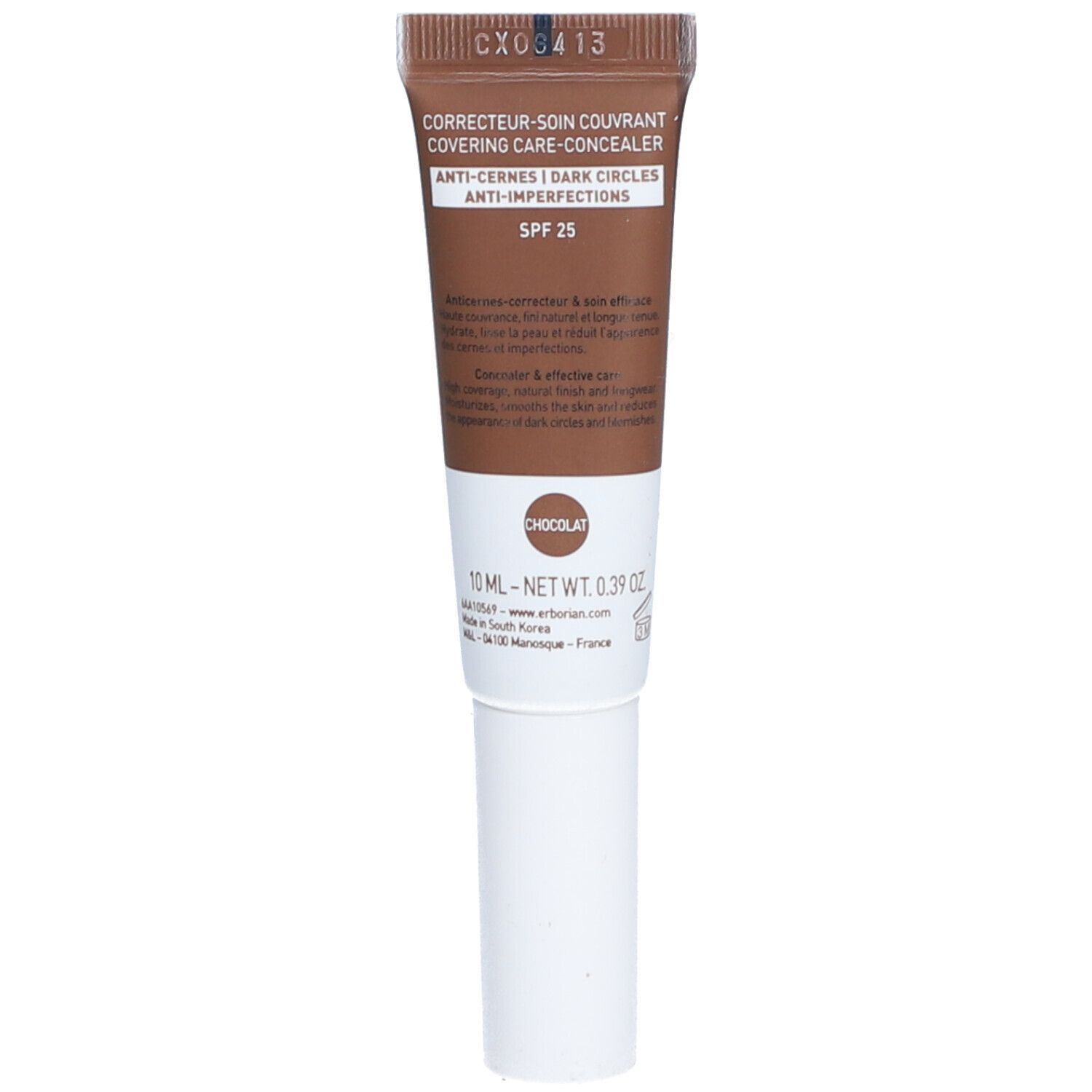 Tube SUPER BB CONCEALER CHOCOLAT. Texte : CORRECTEUR-SOIN COUVRANT, ANTI-CERNES, SPF 25. Marque : Erborian. Contenu net : 10 ml.