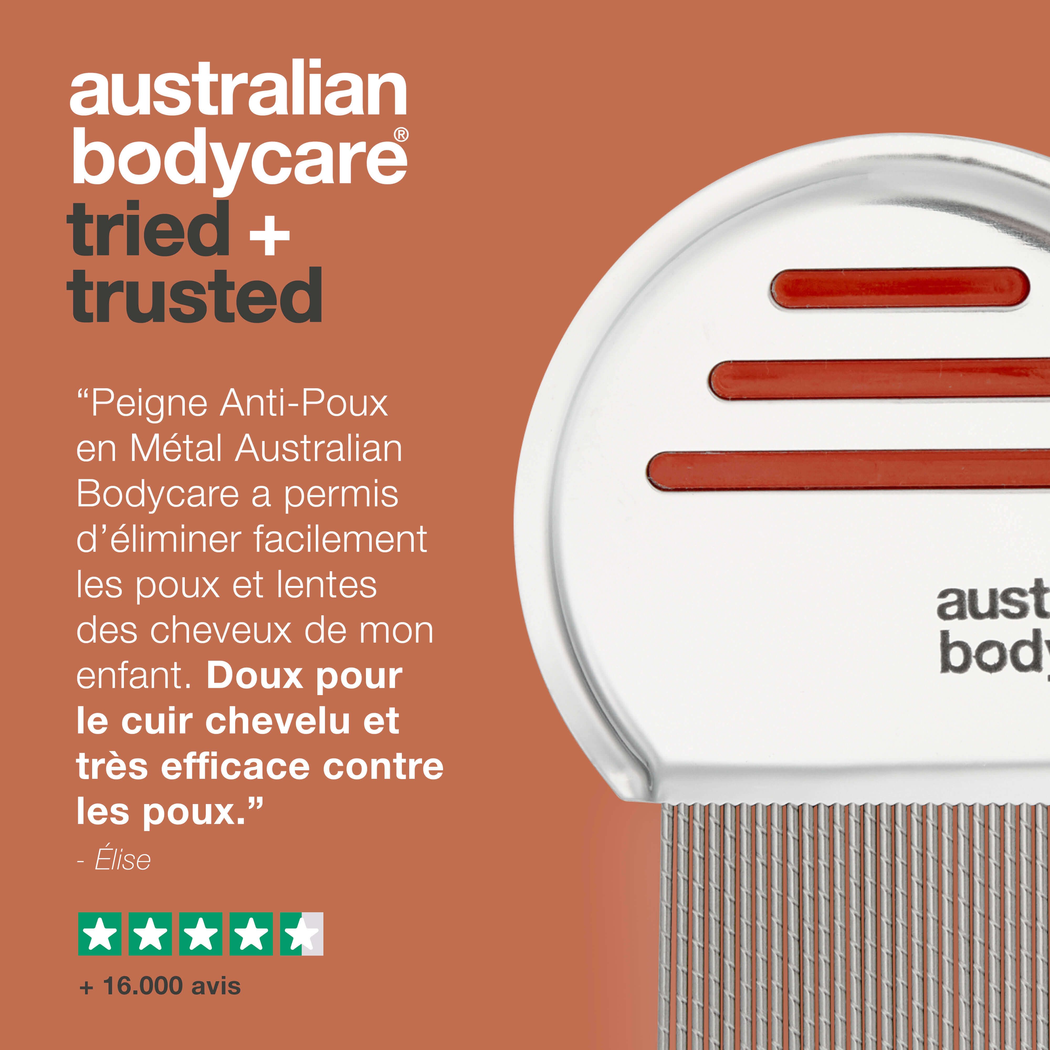 Peigne à poux avec texte : Australian Bodycare. Texte : Australian Bodycare essayé et approuvé. Évaluation 5 étoiles.