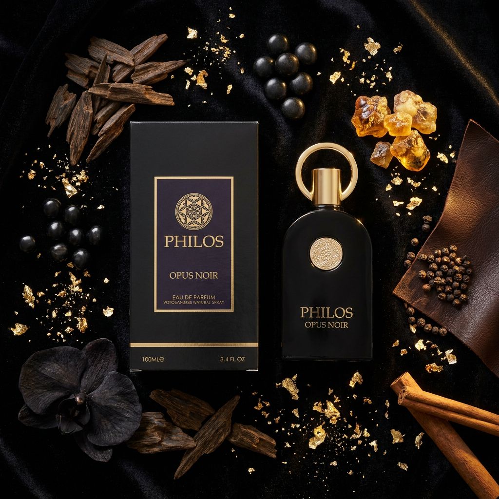 Zwarte Eau de Parfum fles en verpakking omringd door specerijen, bloemen en gouden vlokken. PhilOS Opus Noir.