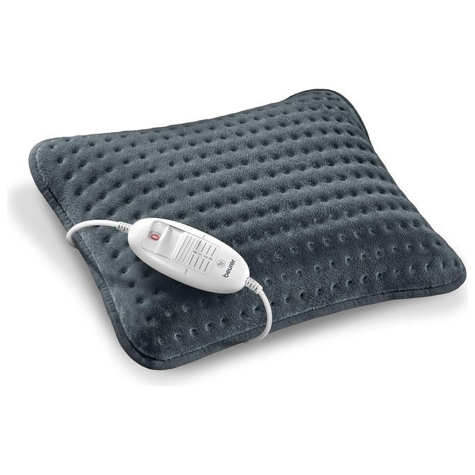 Coussin chauffant gris rectangulaire avec commande. Filaire. Marque Beurer.