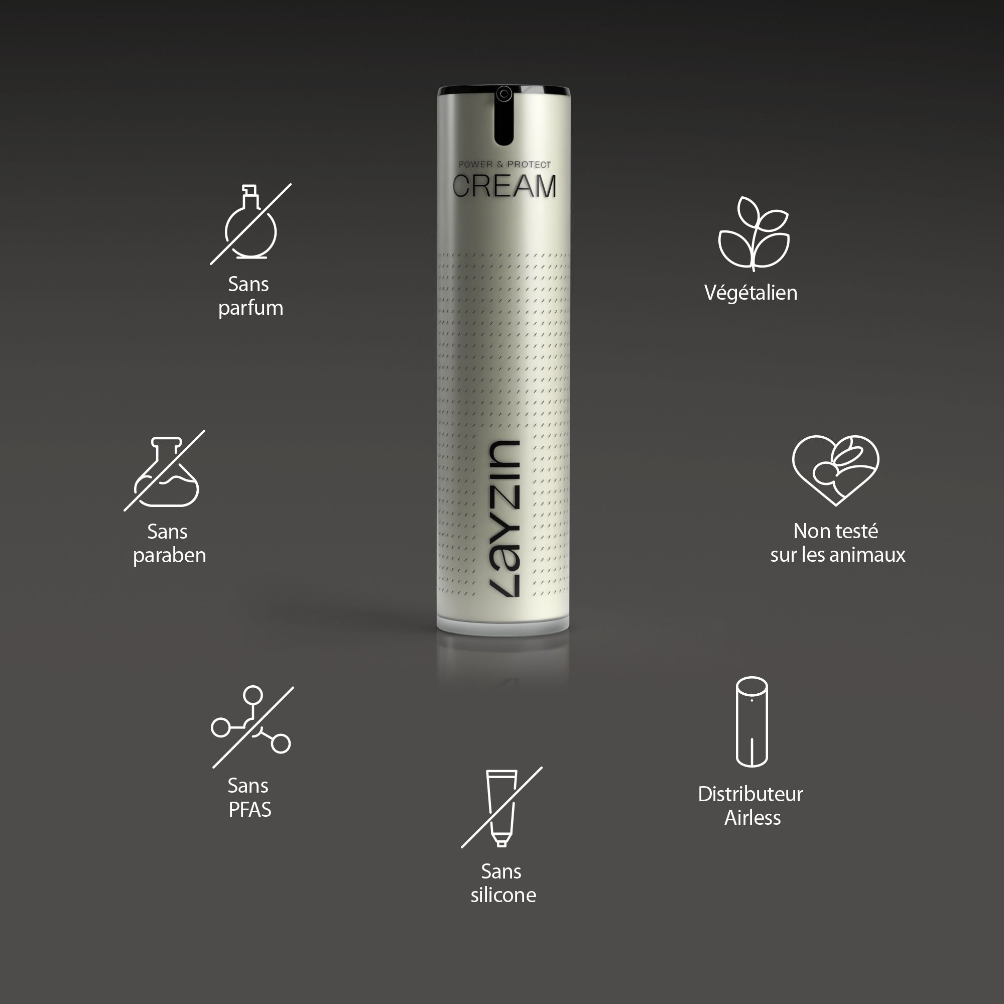 Flacon de produit avec texte : POWER & PROTECT CREAM. Texte : Vitamine E, acide hyaluronique, Symcalmin, RonaCare, caféine.