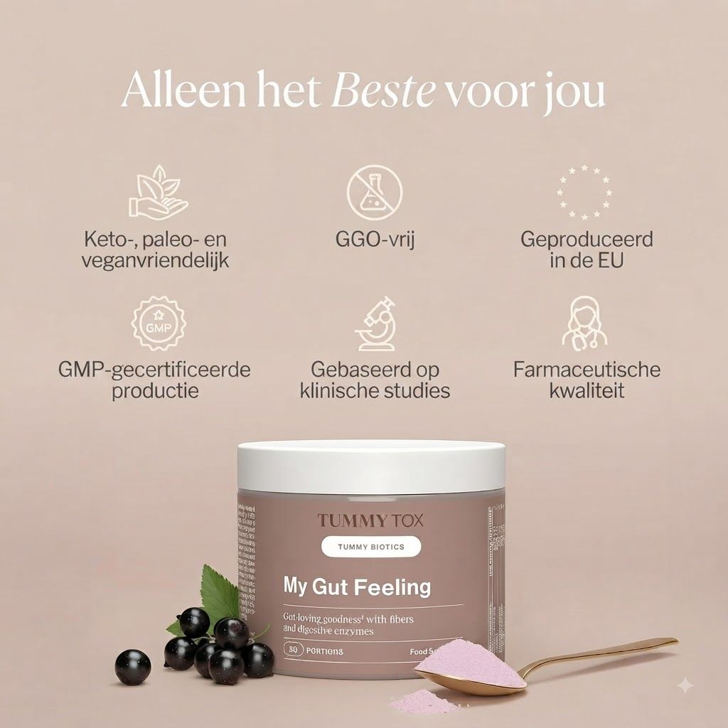 Tummy Tox My Gut Feeling pot met lepel en poeder. Keto, paleo, vegan, GGO-vrij, GMP-gecertificeerd, klinische studies, farmaceutische kwaliteit.