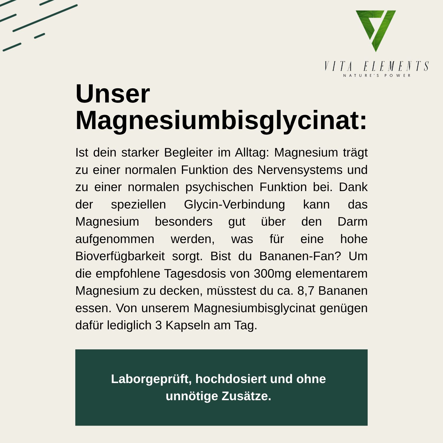 Informatie over Vita Elements Magnesiumbisglycinaat: In het lab getest, hoog gedoseerd, zonder toevoegingen.