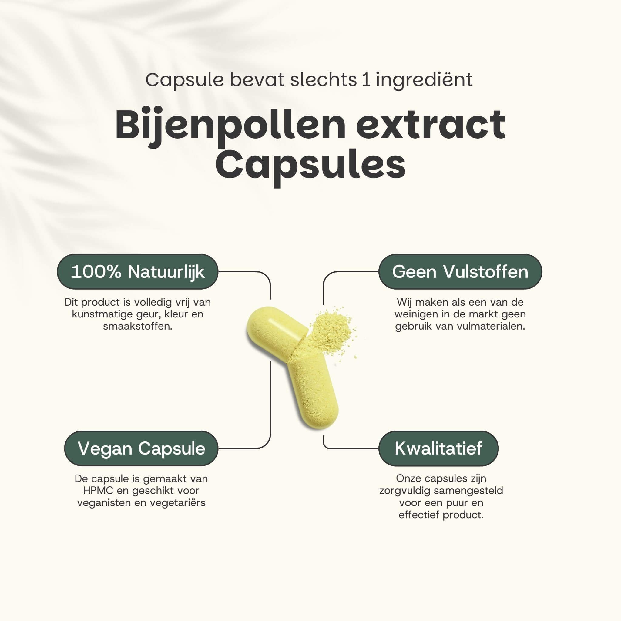 Gele capsule met pollen. Tekst: "Bijenpollen extract Capsules". 100% natuurlijk. Geen vulstoffen. Vegan capsule.