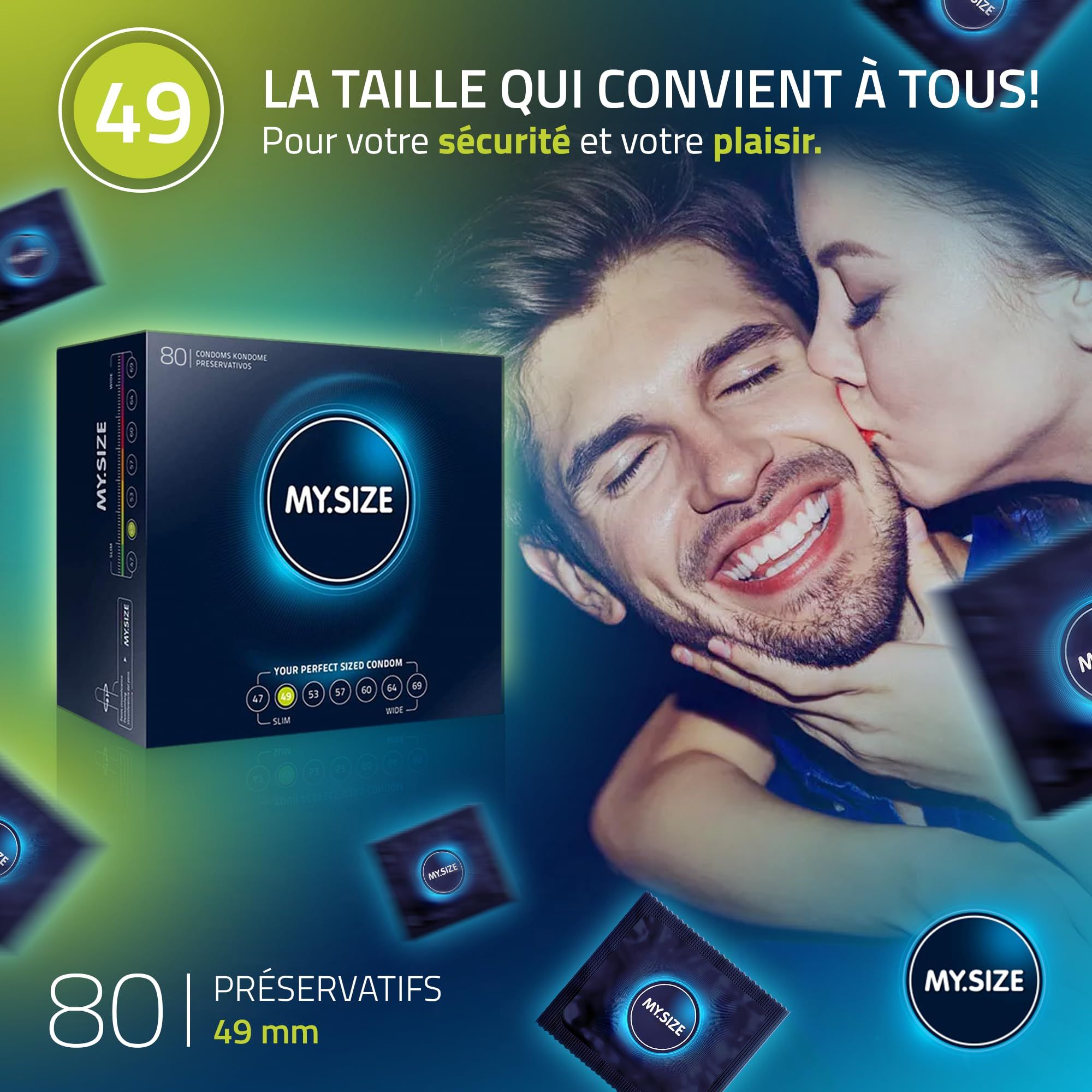 Préservatifs MY.SIZE Classic 49mm, 80 pièces. Boîte et préservatifs individuels, couple au fond.