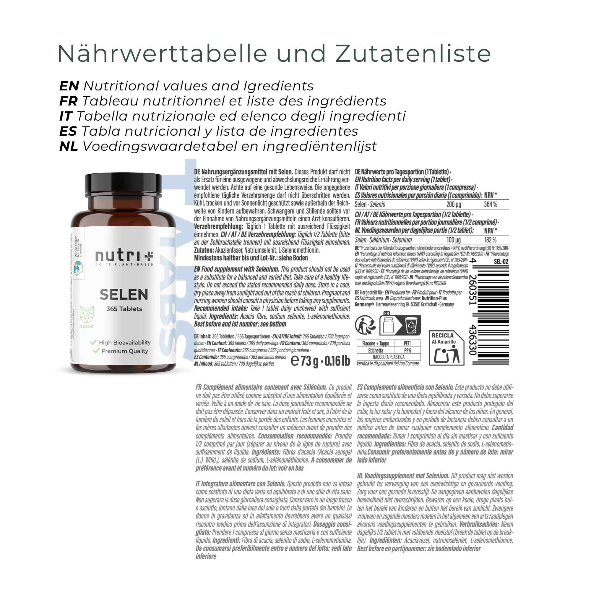 Fles nutri+ Selenium 365 tabletten, voedingswaarde en ingrediëntenlijst in meerdere talen.