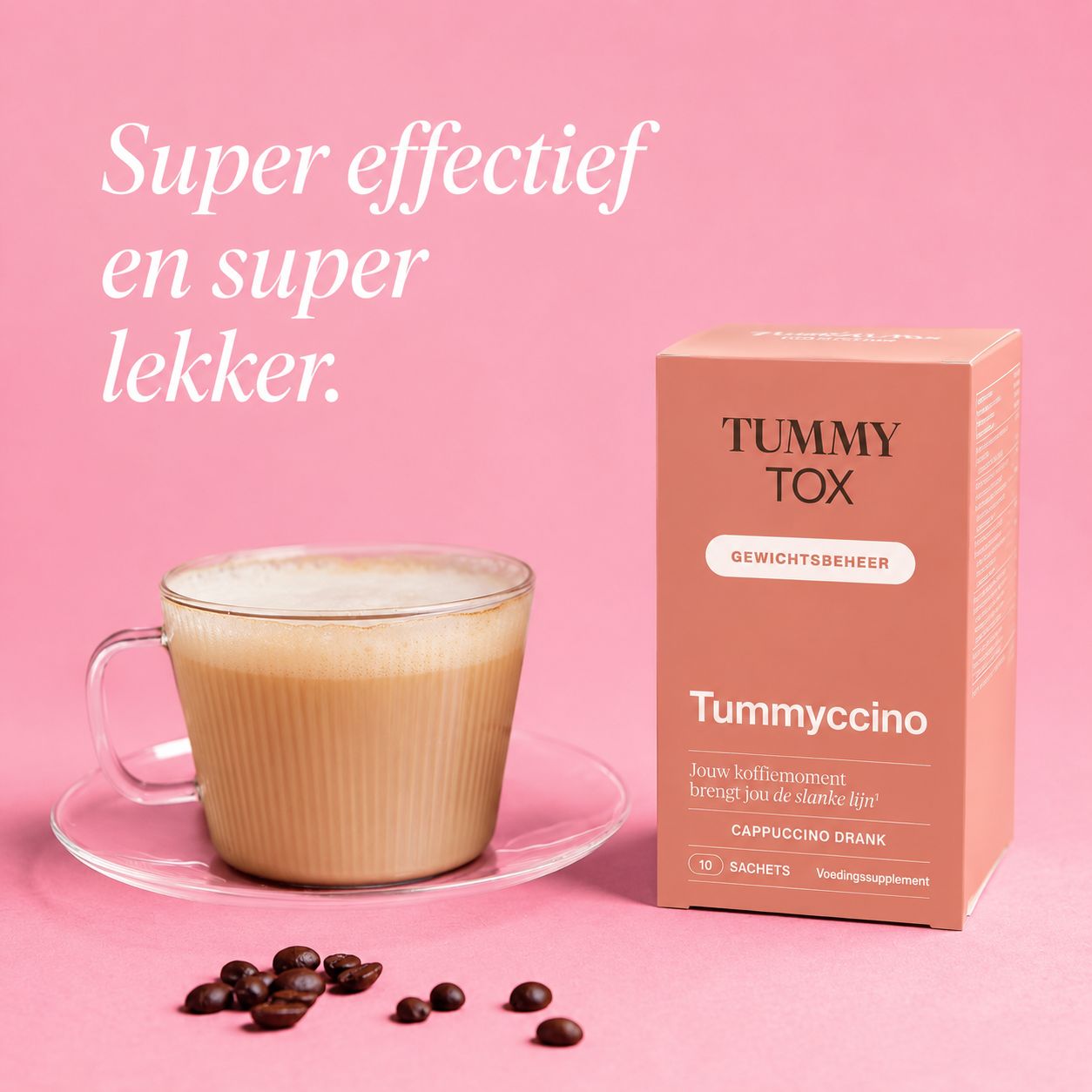 Tummy Tox verpakking en een kopje cappuccino drank met koffiebonen.