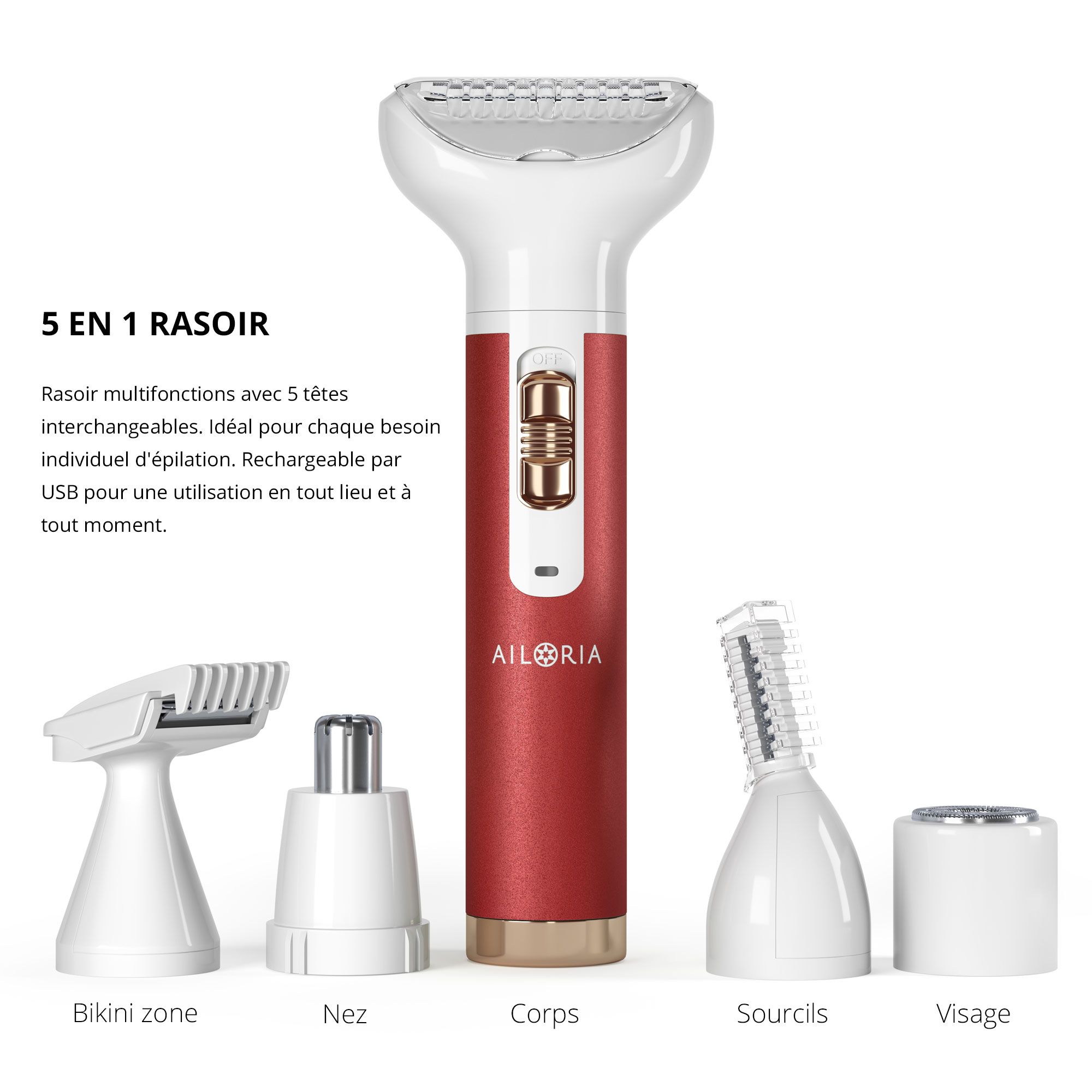 Rasoir avec manche rouge et accessoires. Texte : 5 EN 1 RASOIR. Têtes pour zone bikini, nez, corps, sourcils, visage. AILORIA.