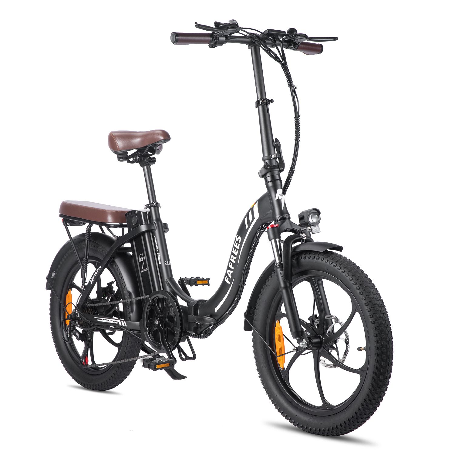 Vélo électrique Fafrees F20 Pro noir avec selle marron. Détails visibles : marque, phares, garde-boue.