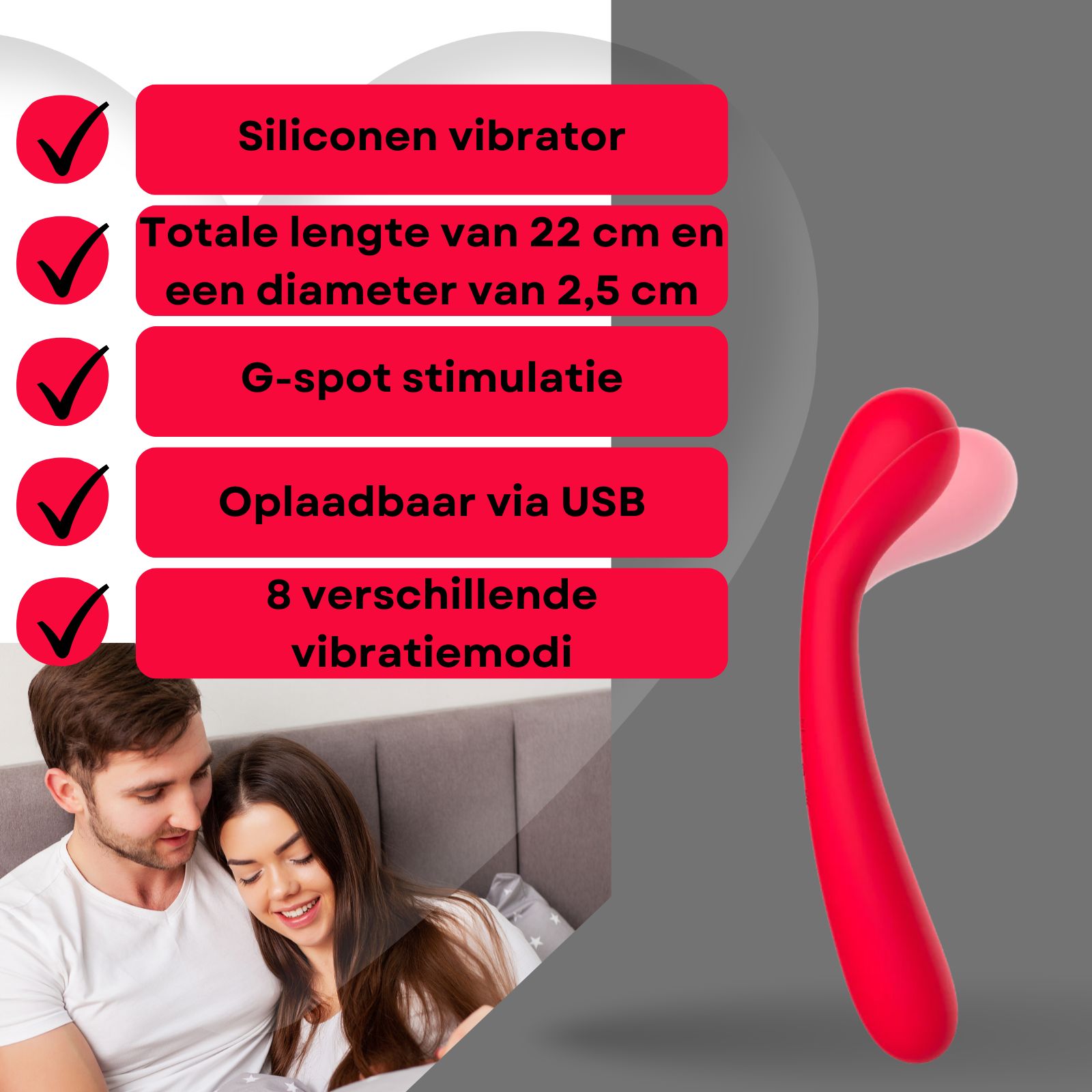 Rode vibrator en tekst. Tekst: Siliconen vibrator, 22cm, 2,5cm diameter, G-spot stimulatie, USB, 8 standen.