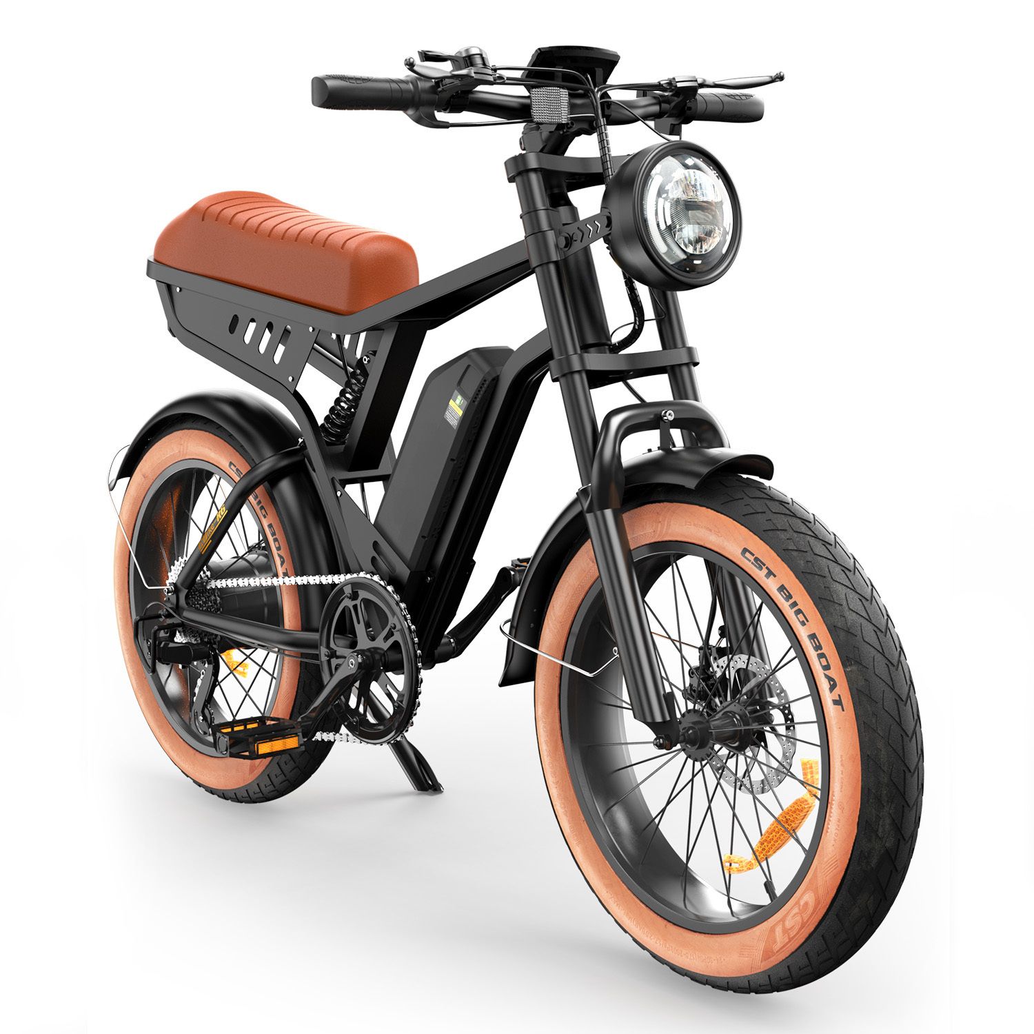 Zwarte e-bike met bruin zadel en banden. Grote banden, koplamp en batterij.