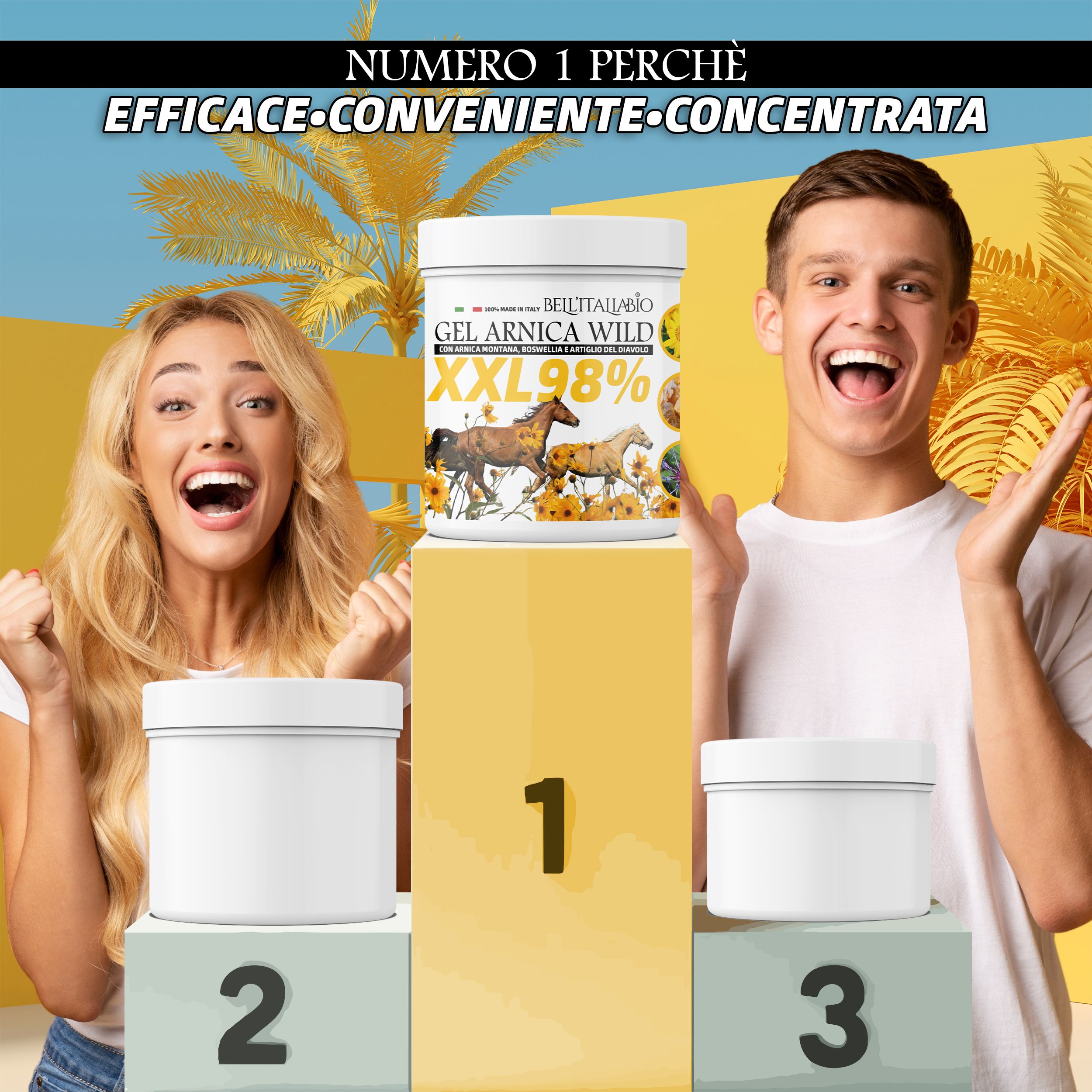 Twee mensen juichen. Pot met GEL ARNICA WILD XXL 98%. Drie potten op podium met nummers 1, 2 en 3.