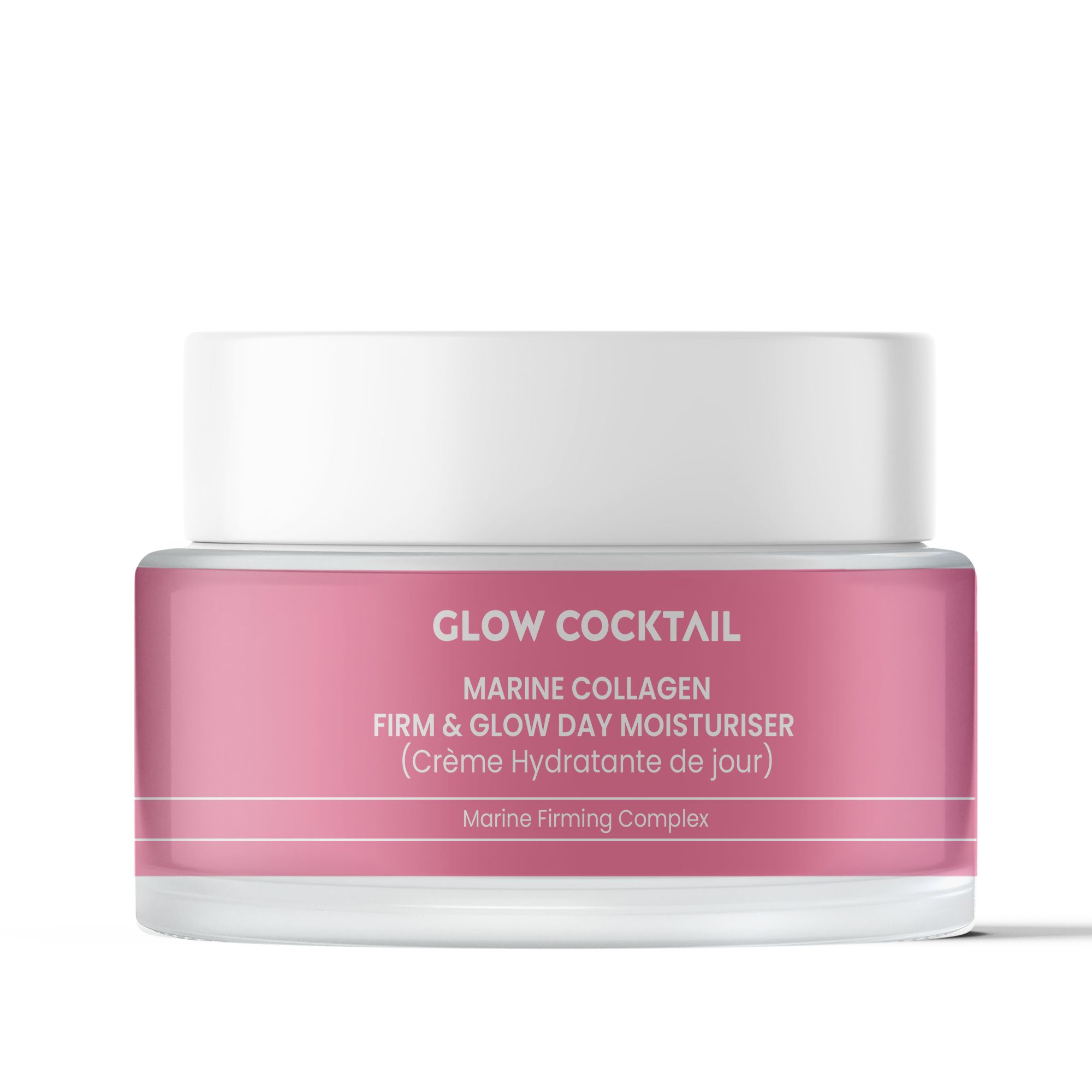 Pot de crème rose avec couvercle blanc. Inscription: Marine Collagen Firm & Glow Day Moisturiser. Marque: Glow Cocktail.