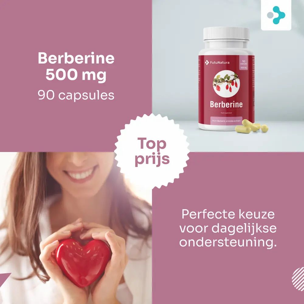 Fles met berberine capsules. Tekst: Berberine 500 mg, 90 capsules. Sticker: Top prijs. Vrouw houdt hart.