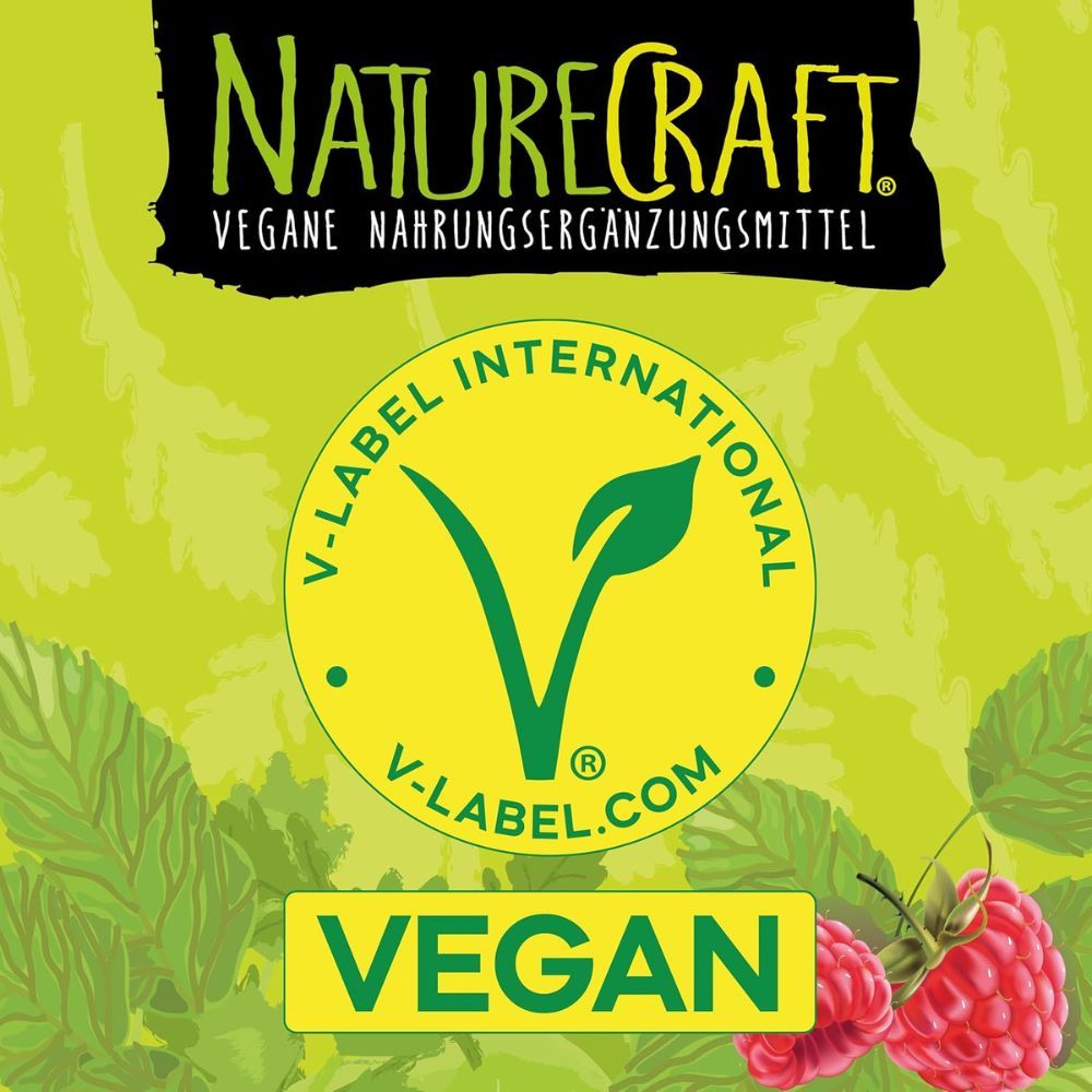 Logo avec texte : NatureCraft, Vegan, V-Label.com, Vegan. Fond vert avec framboises.