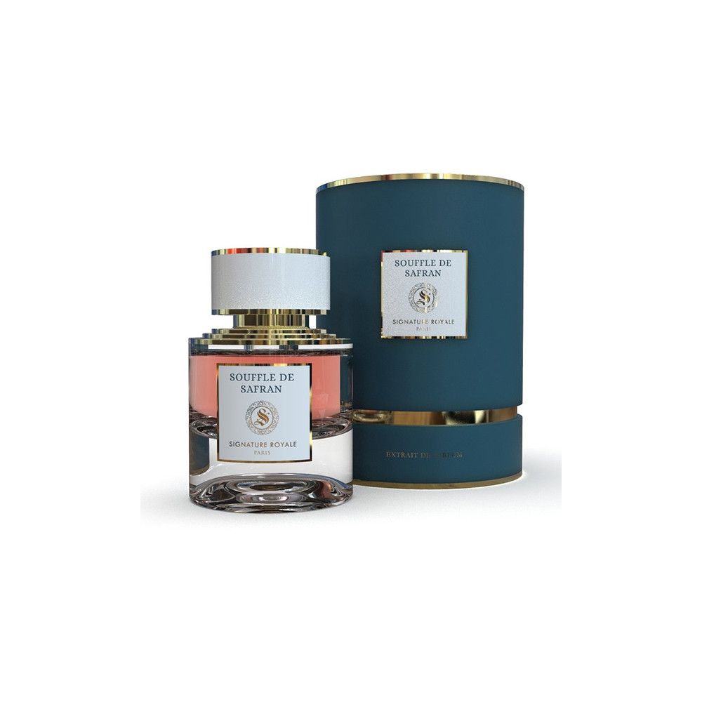 Parfumfles en cilindrische doos. Fles met witte dop, gouden elementen en roze vloeistof. Blauwe doos met gouden rand.